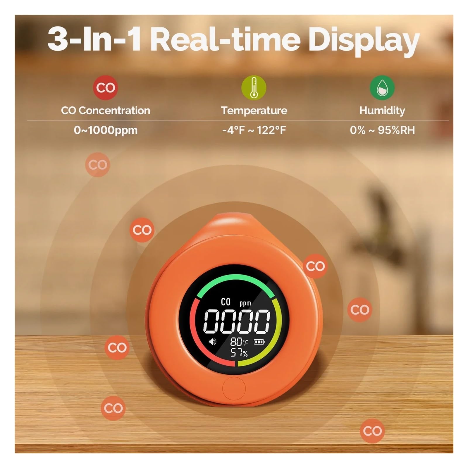 Détecteur de gaz, Mini détecteur de monoxyde Carbone Voyage 3 en 1, Portable, température/humidité/CO2, avec Aspiration magnétique(Orange Sensor)