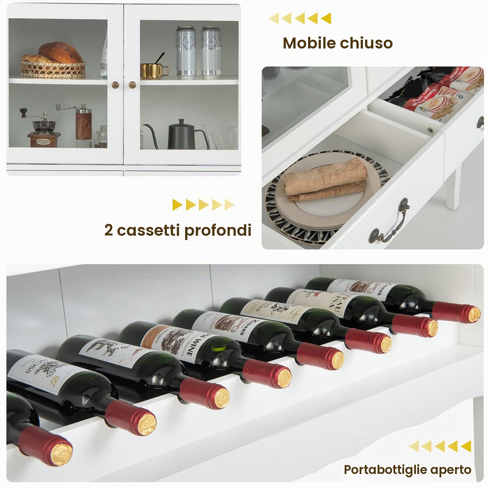 KOMFOTTEU Mobile per vino, credenza con ante, cassetti con maniglia e cantina per vino, cantina moderna, 90,5 x 38 x 126 cm, per cucina, sala da pranzo, bar, SE09334FQDE