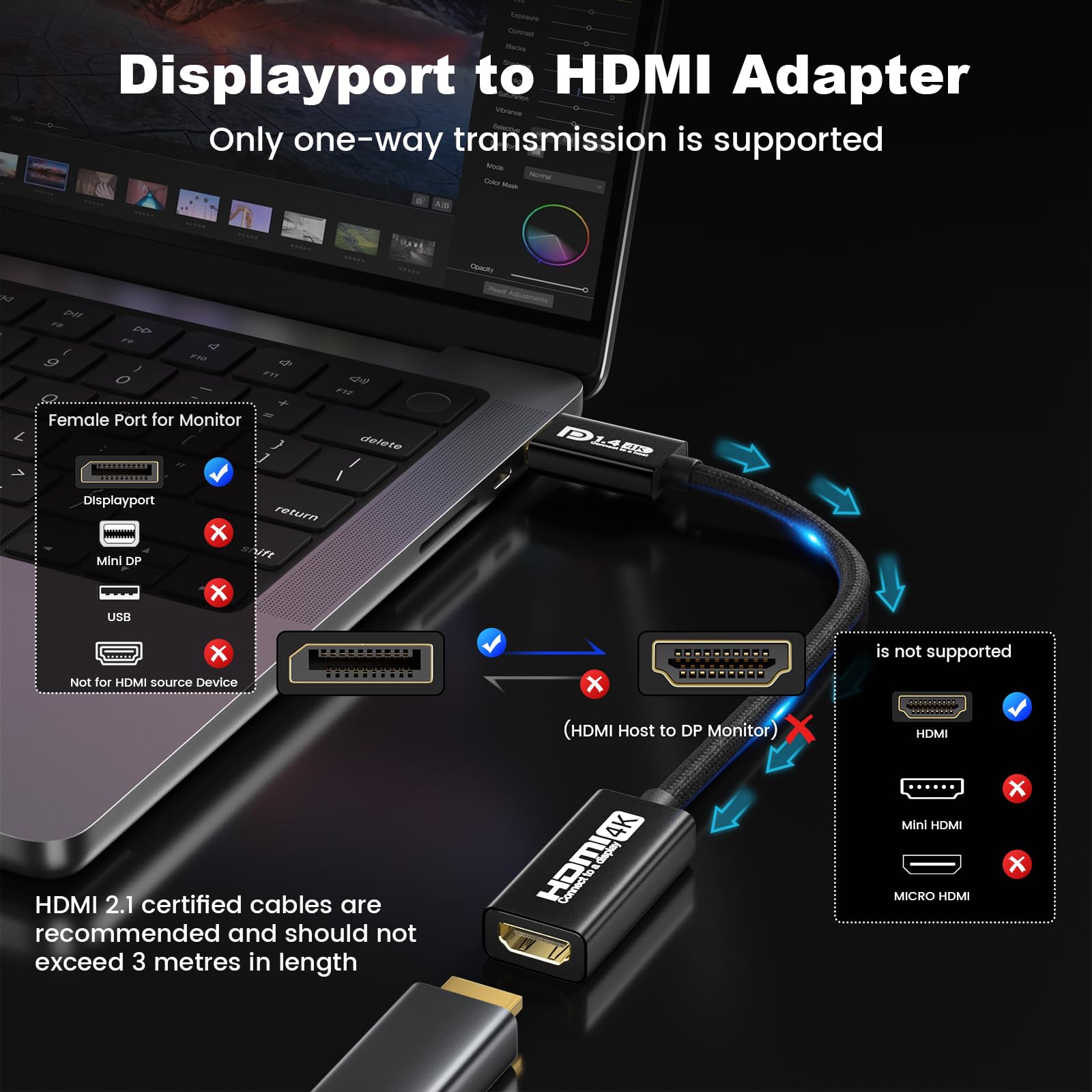 Adaptateur DisplayPort Vers HDMI 4K 120Hz / 2K 144Hz – HDR HDCP 2.2 – DP 1.4 Vers HDMI 2.1 Unidirectionnel