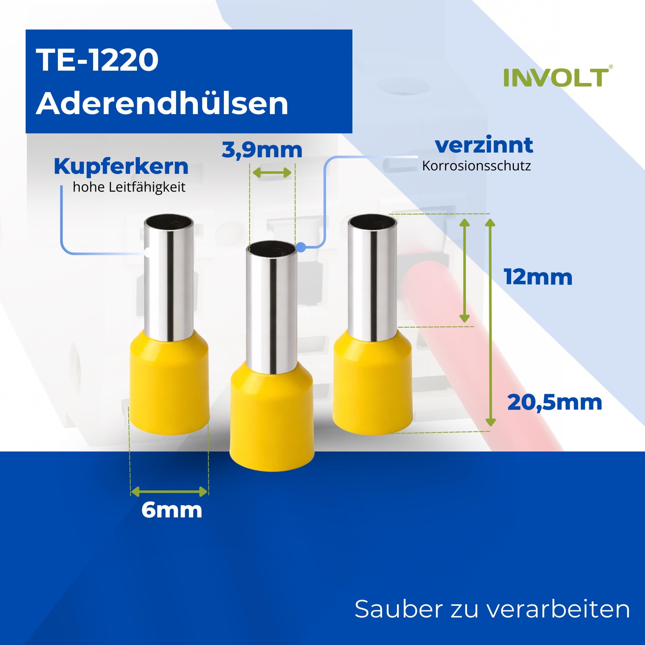 INVOLT H07V-K przewód okablowania 6 mm², zestaw 5 sztuk, pojedyncza żyła, czarna, niebieska, brązowa, szara, zielono-żółta z tulejkami kablowymi i próbnikiem napięcia (10 m + 100 tulejek)