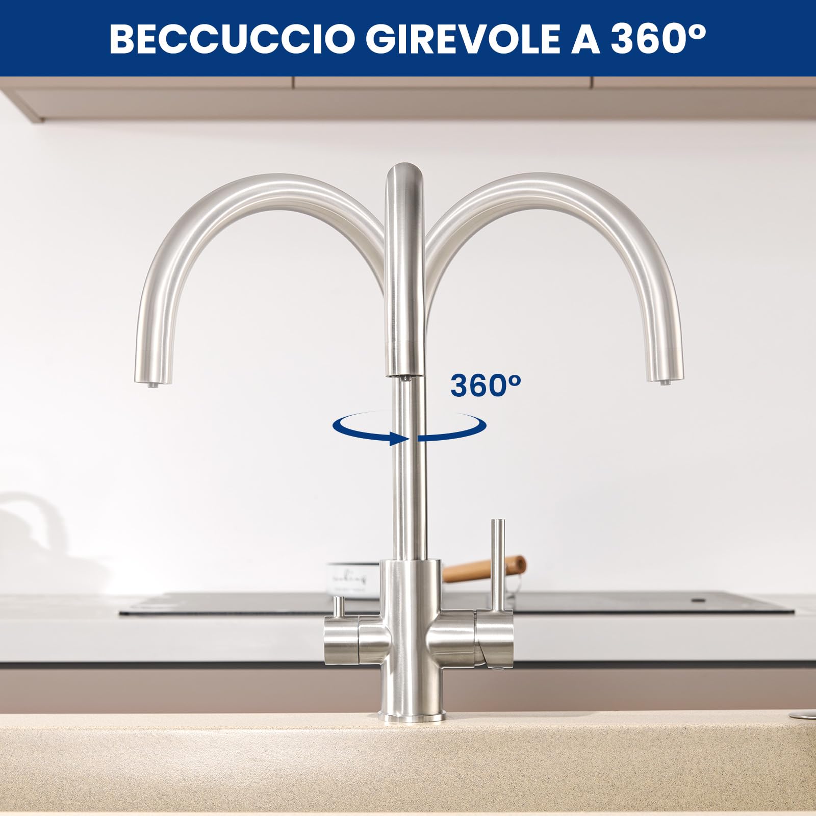 CECIPA Grifo Cocina 3 Vías Acero Inoxidable Purificador Agua Filtrada | Grifo cocina 3 vías acero inoxidable 304 con agua filtrada, válvula cerámica, aerador ABS, rotación 360, ahorro de agua