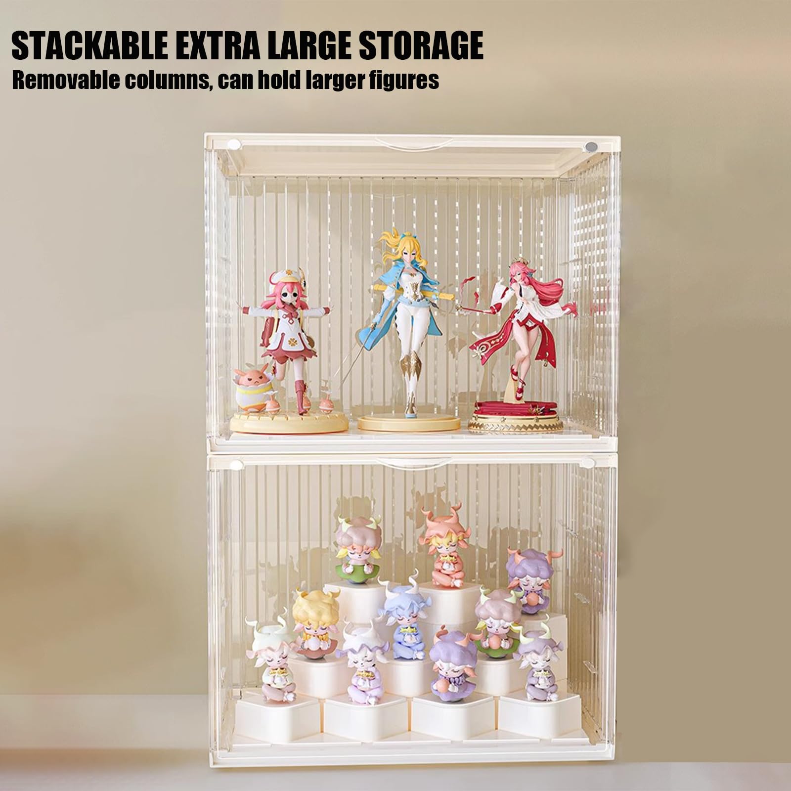 Extra Large Display Case for Figures Stackable Acrylic Figure Display Shelf with 20 Movable Column Hobby Display Box with Magnetic Door