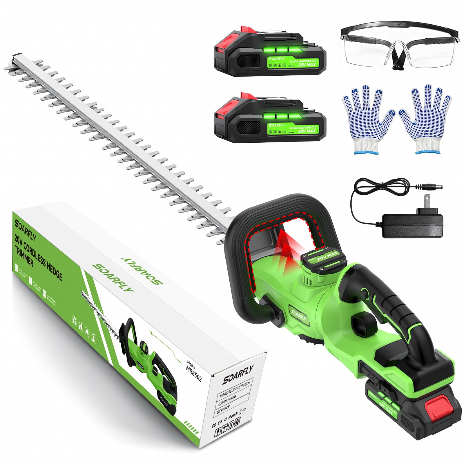 SOARFLY - Cortasetos inalámbrico de 22 pulgadas, cortasetos inalámbrico de 20 V con 2 baterías de 2.0 Ah, mango giratorio de 180°, potente cortasetos de 3000 rpm, recortadora de arbustos para jardín