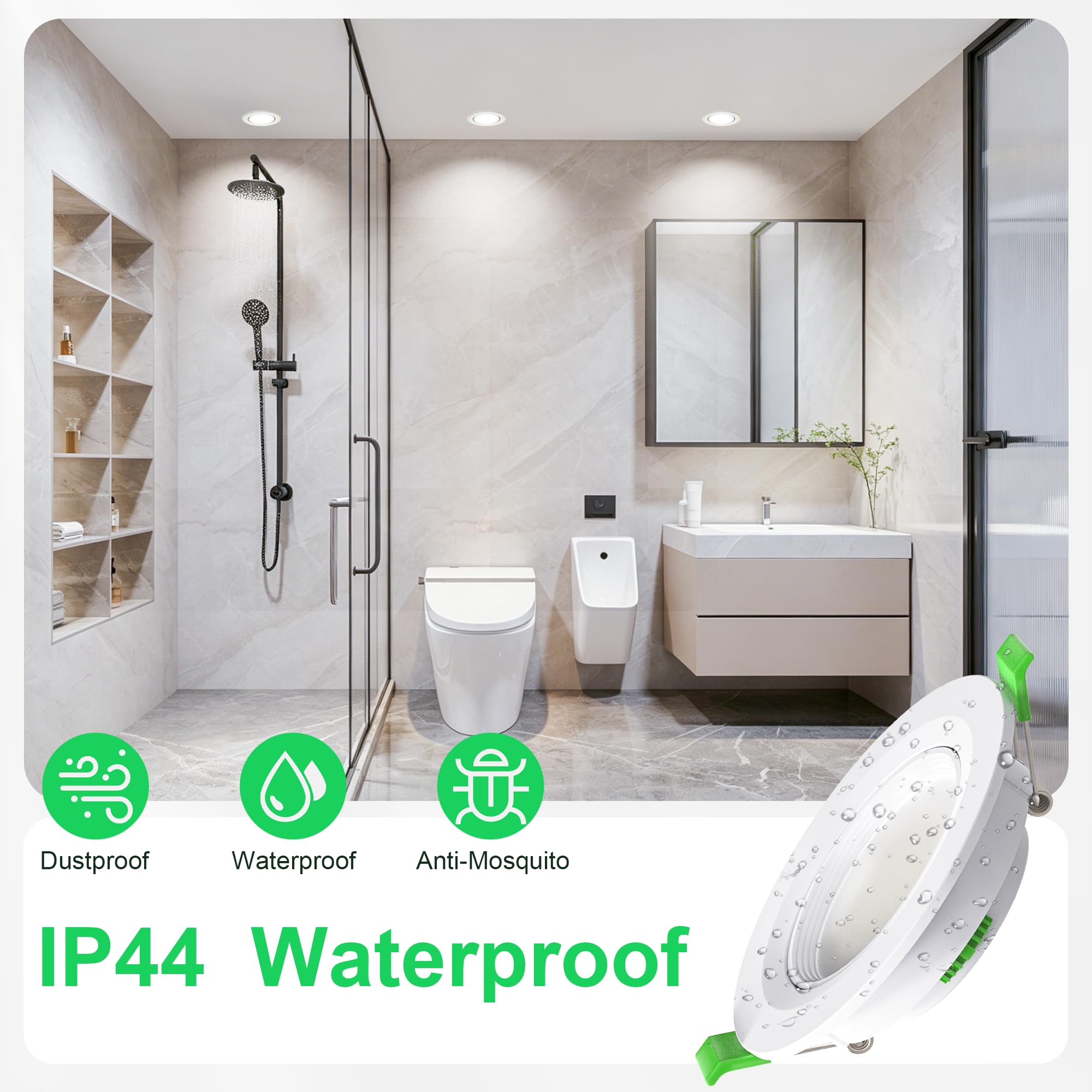 LED Einbaustrahler 230V 5W, 45° schwenkbar, 3CCT 2700K/4000K/6000K, 23 mm Ultra Flach, IP44 LED Spot für Ø68–80 mm Lochmaß, LED Einbauleuchten für Badezimmer, Wohnzimmer & Küche, Weiß 10er Set