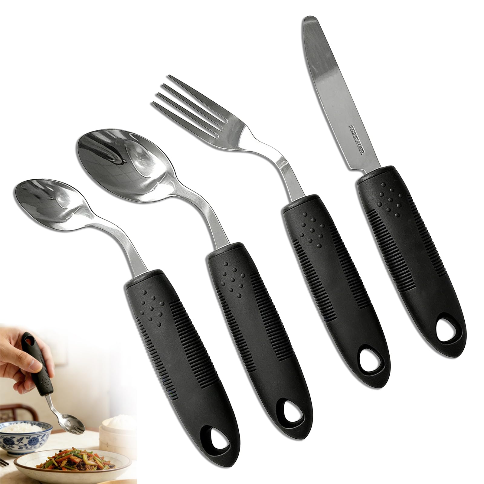 5 couverts Parkinson : ensemble de couverts adaptatifs avec fourchette/cuillère/cuillère à soupe/couteau, couverts pondérés pliés à 42° pour les tremblements de parkinson, tremblement des mains