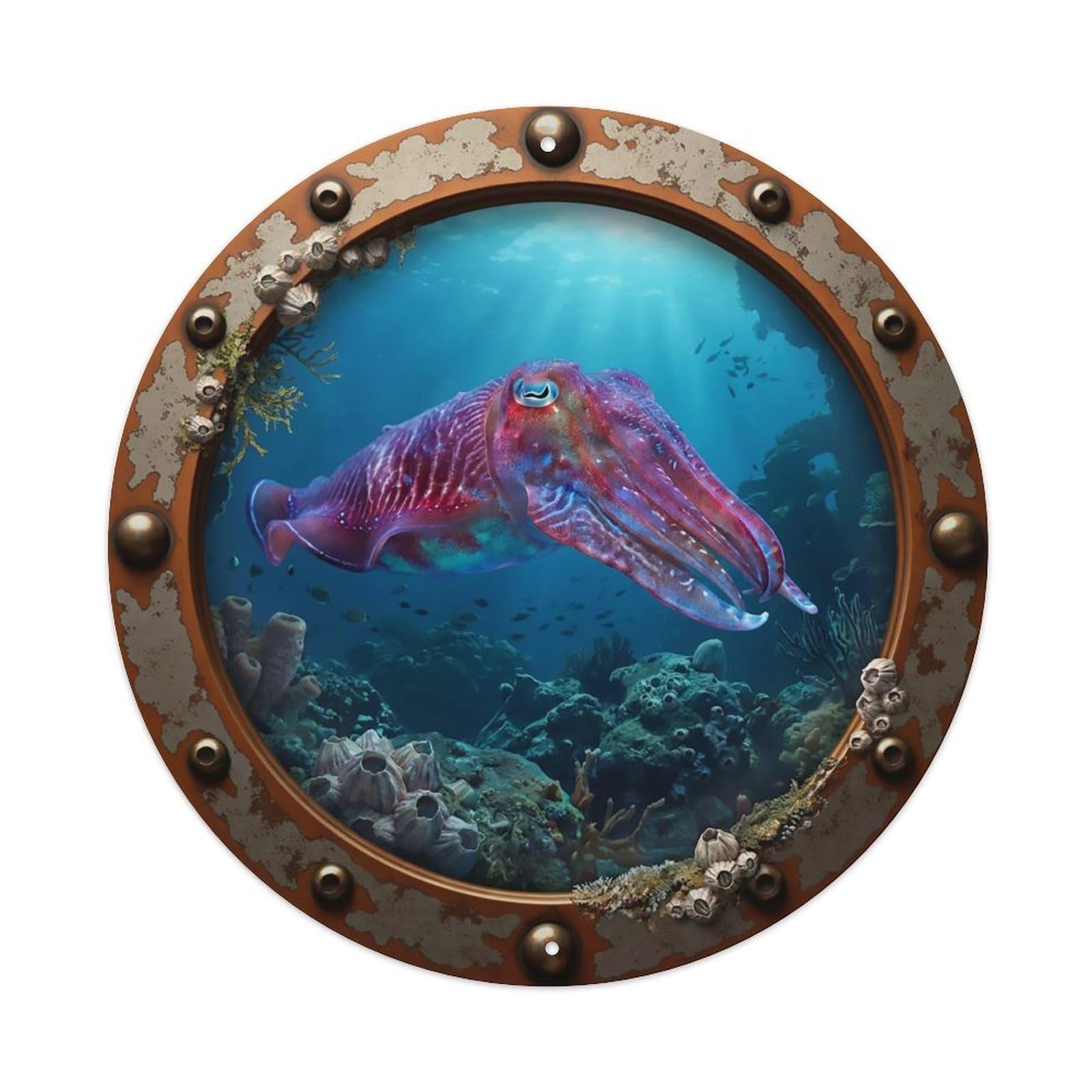 Vintage Porthole Giant Cuttlefish Nautical Window View Metal Tin Sign