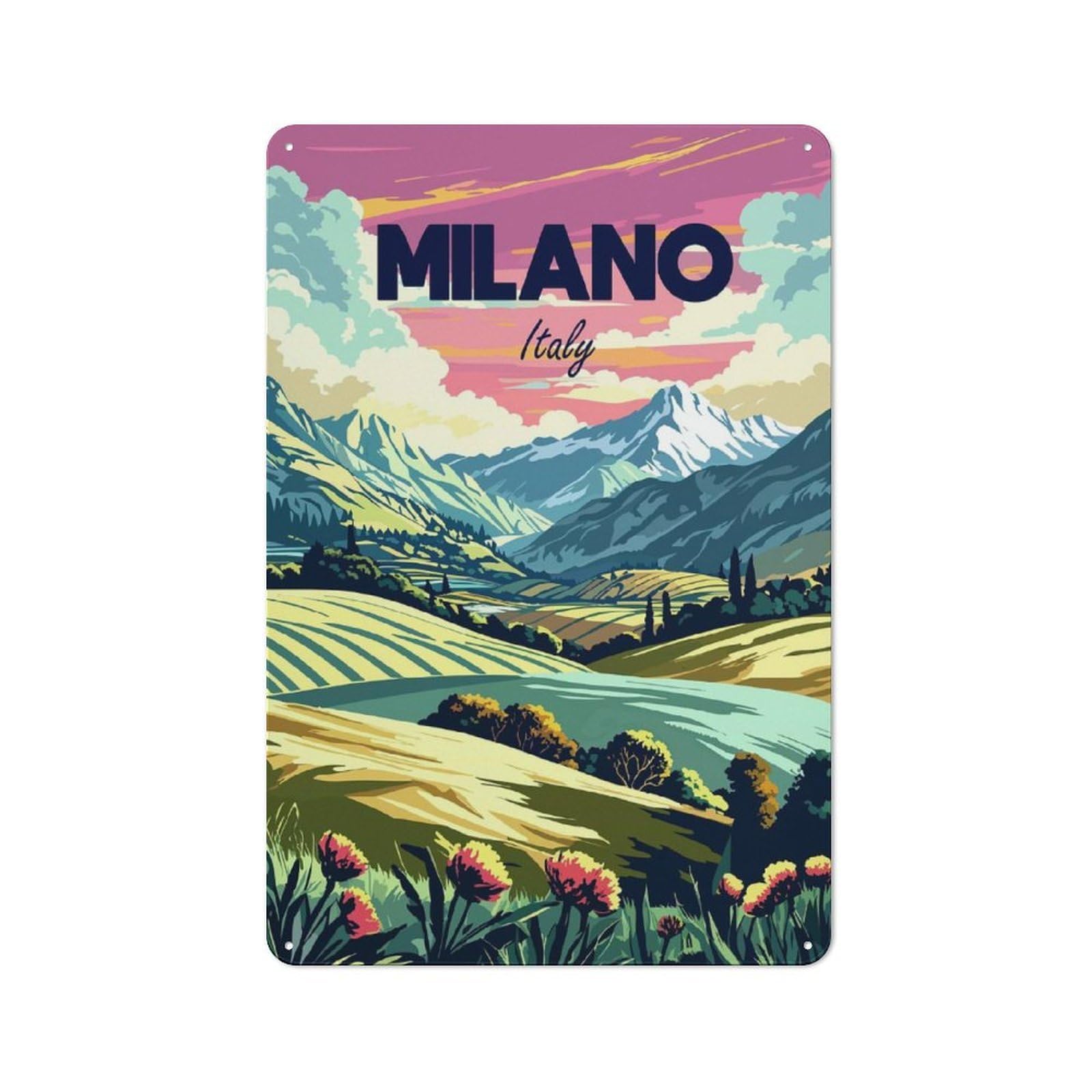 Junmoney Style-21 Tin Wall Plaque 30X20cm With Milano Italy Landscape For Hobby Room Or Studio, For Kitchen, Dining Room And Home Bar Wall Decor