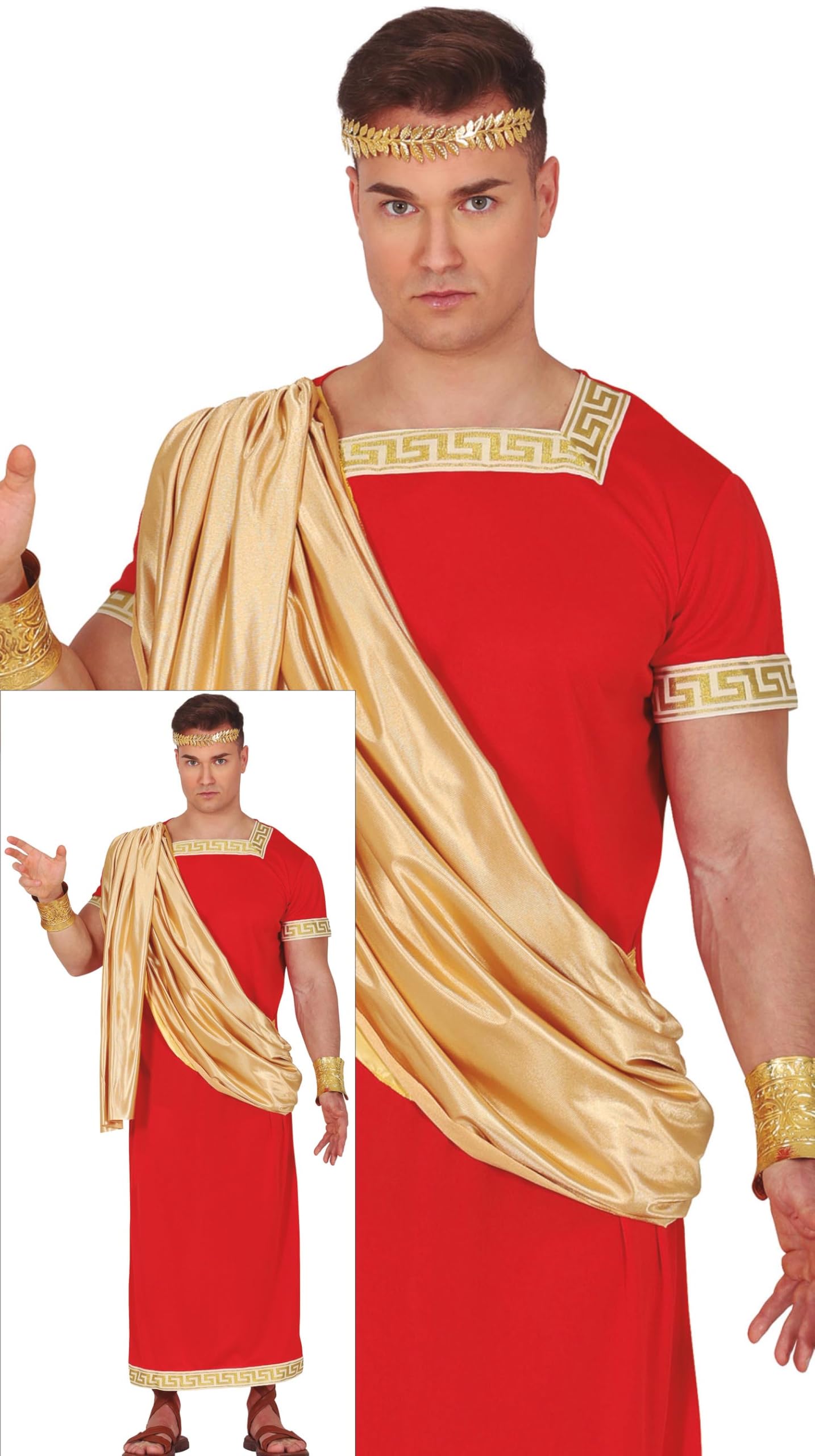FIESTAS GUIRCA Mighty Roman Emperor Mens Fancy Dress Costume - Red & Gold Caesar Augustus Roman Toga - Grecian Fancy Dress Men Size M