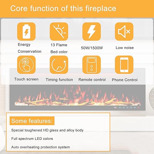 Miniatura 4 de Clihome Calentador eléctrico de chimenea de 50 pulgadas con chimenea LED Wi-Fi para montaje en paredchimenea eléctrica empotrada con cristales de