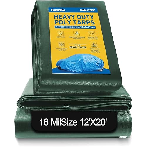 FoundGo Heavy Duty Tarps 16mil, Super Thick Tarp Cover Waterproof Poly Tarpaulin with Grommets UV Resistant for Canopy, Roof Tent, Boat, Patio, RV, Pool or Camping（green, 12′X 20′）