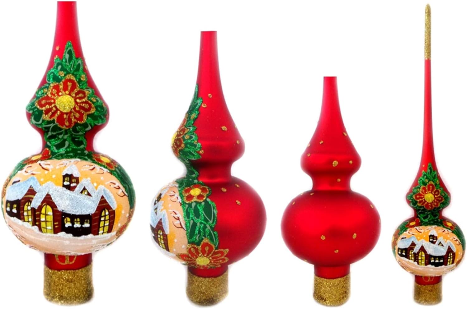 Snow Covered Winter Village Red Glass Christmas Tree Topper 11 Inches