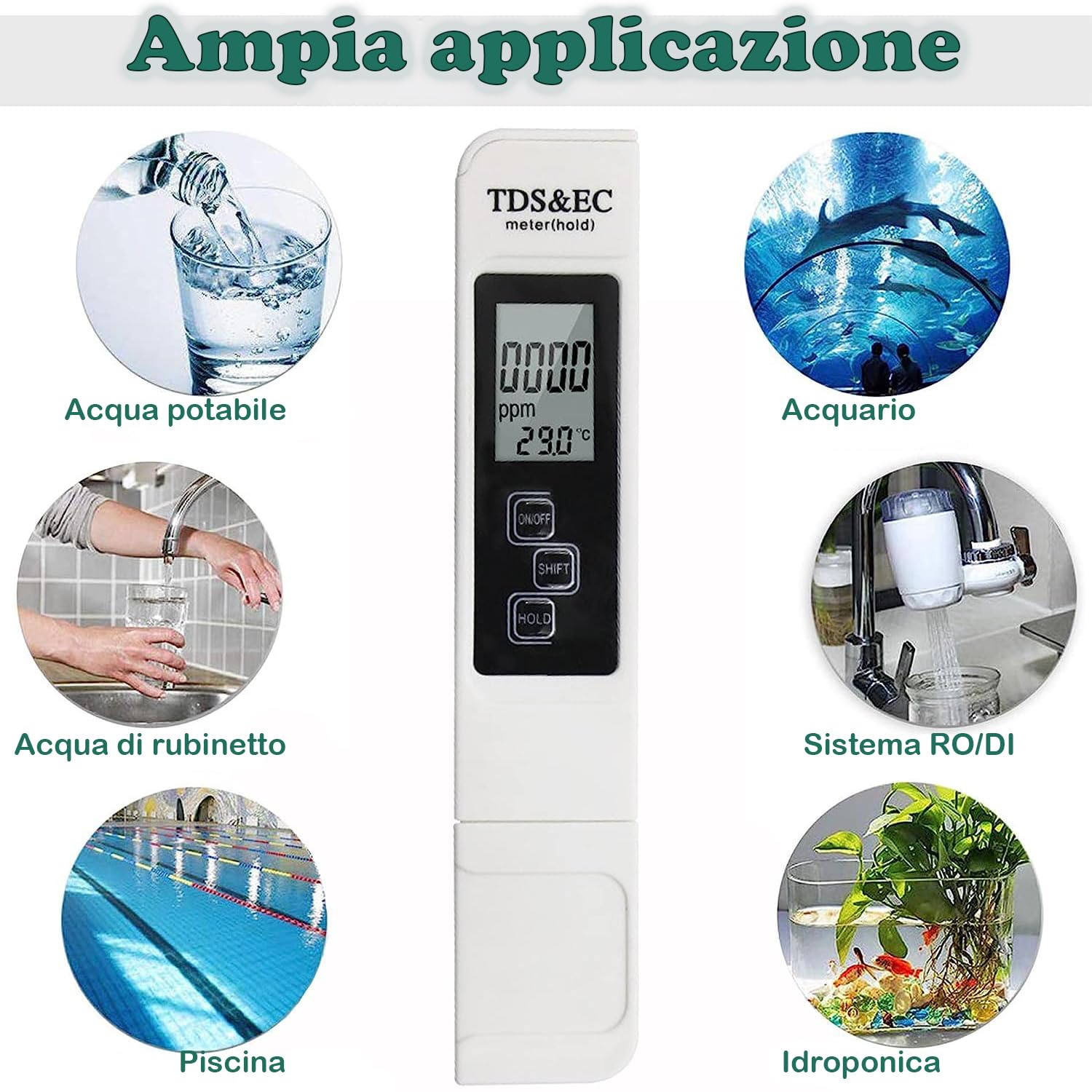 Tester digitale LCD per la qualità dell'acqua Misuratore TDS EC e Temperatura 3 in 1, Precisione di Lettura +/- 2%, 0-9990 PPM set, per Acqua Potabile/Piscina/Acquario/Piscina