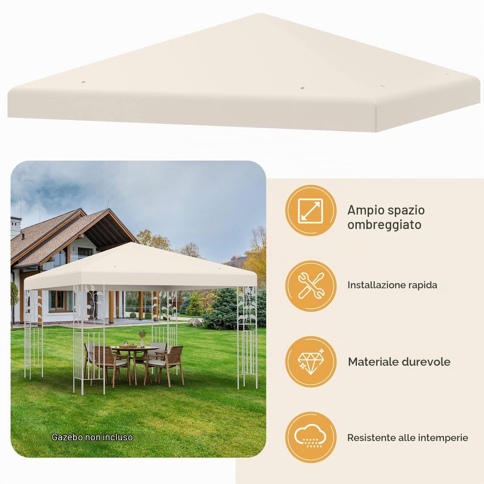 FANTASK Rivestimento di ricambio con chiusure in velcro, tetto di ricambio per gazebo da giardino, 3 x 3 m