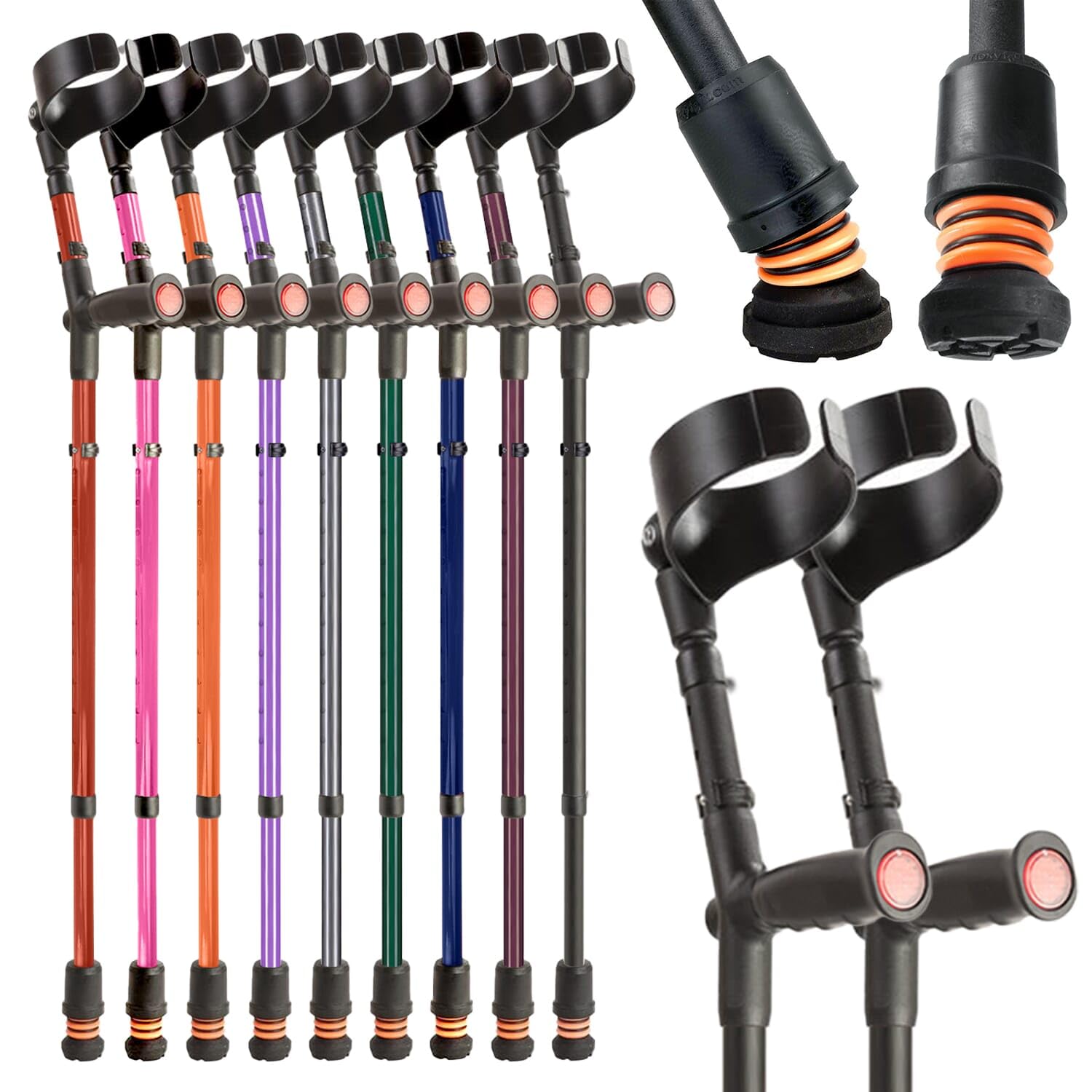 Flexyfoot Shock Absorbing Soft Grip Double Adjustable Crutches - Pair - Textured Black - Improve Safety, Improve Grip, Reduce Shocks & Jarring