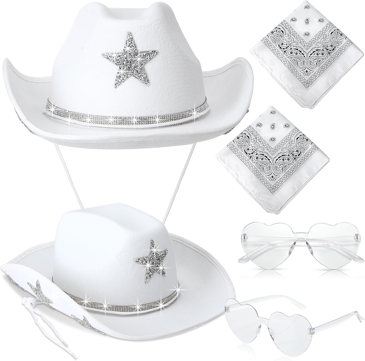 Cutecrop 6 Pcs Cowboy Hat for Women Men Heart Sunglasses Bandana Glitter Star Sparkly Cowgirl Hat for Western Party(White)