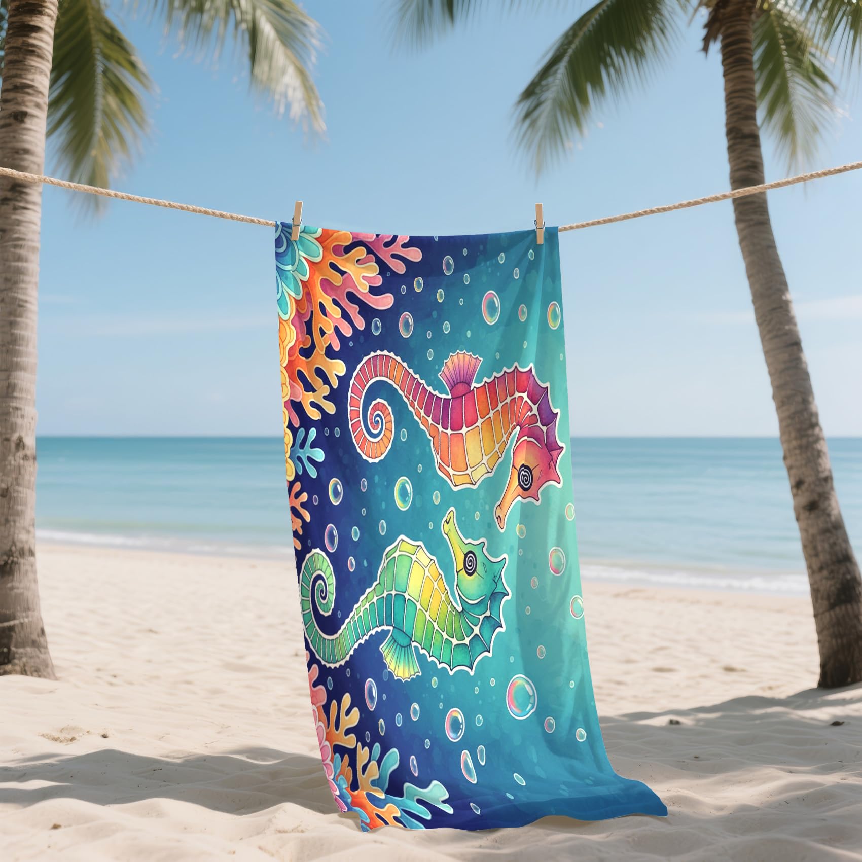 Serviette de Plage XXL Microfibre Hippocampe Animaux Marins Tropicale, Drap de Plage Séchage Rapide Anti Sable & Légère, Serviette de Bain Grande Taille 200x200 cm, Accessoire & Cadeau été