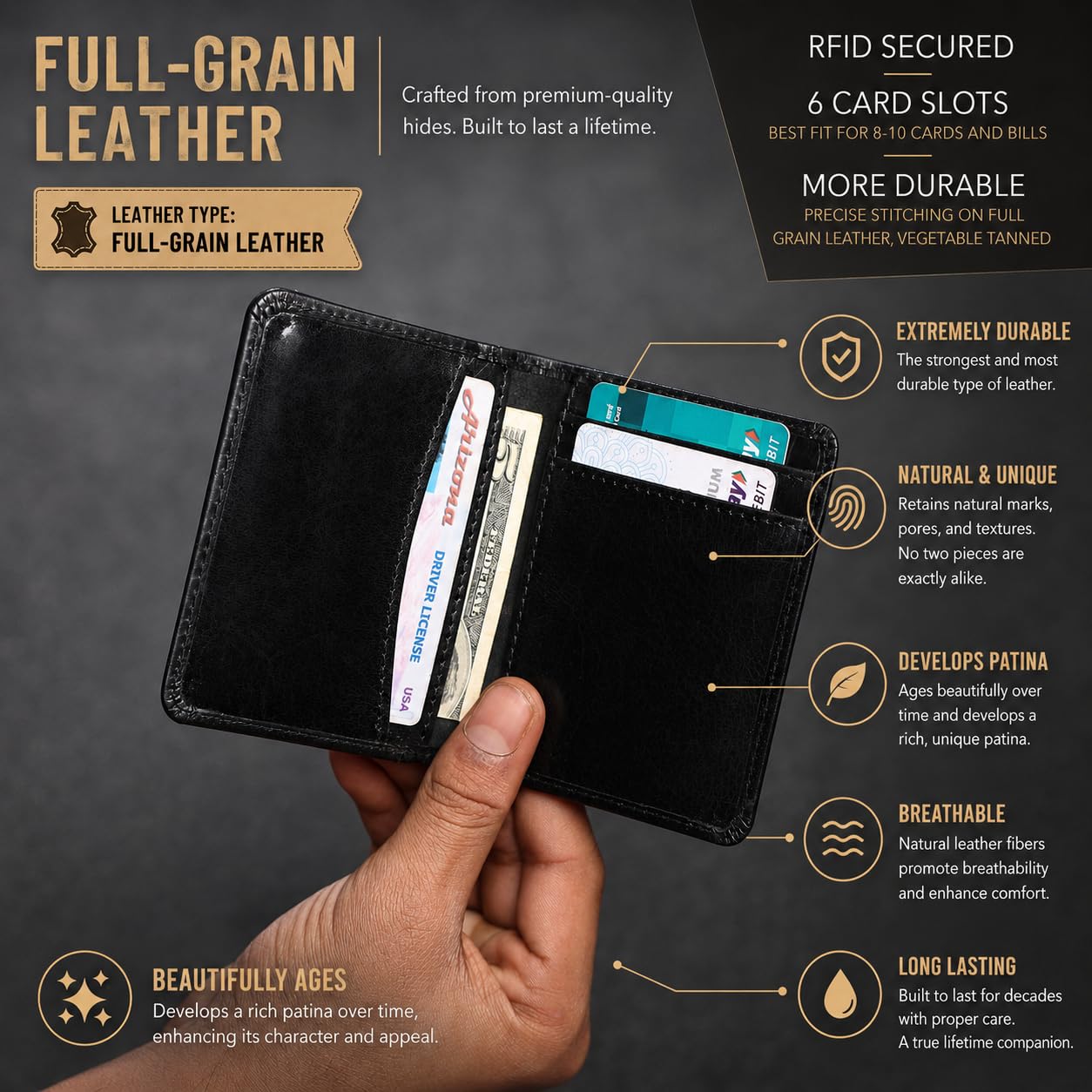 FOXHACKLE Cartera de Cuero para Tarjetas de crédito para Hombres y Mujeres, Cartera Delgada y Plegable con Bloqueo RFID, Bolsillo Frontal Delgado, Cartera Minimalista para Tarjetas, Black, Talla