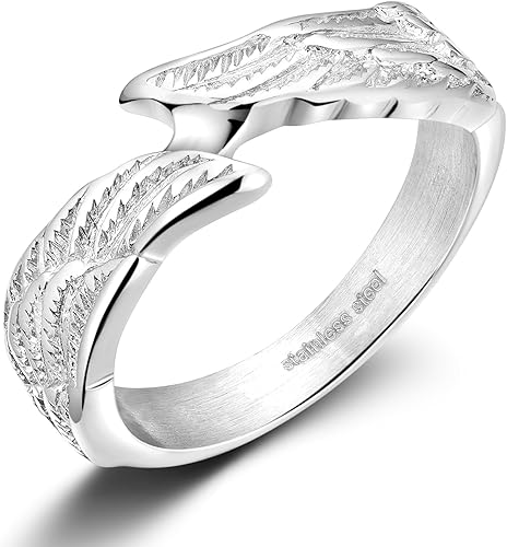 TIGRADE Antique Stainless Steel Ring Feather Angel Wing Cast Black Silver Band Size 4.5-14.5