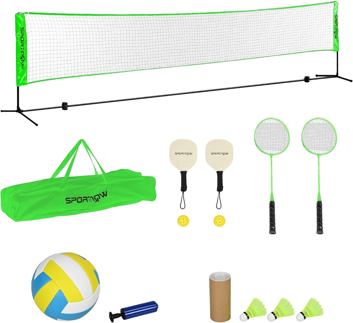 Portable Badminton Set, Multi-Sports Badminton Net for Pickleball Volleyball with 3 Shuttlecocks, 4 Rackets, for Indoor Outdoor, Garden, Beach