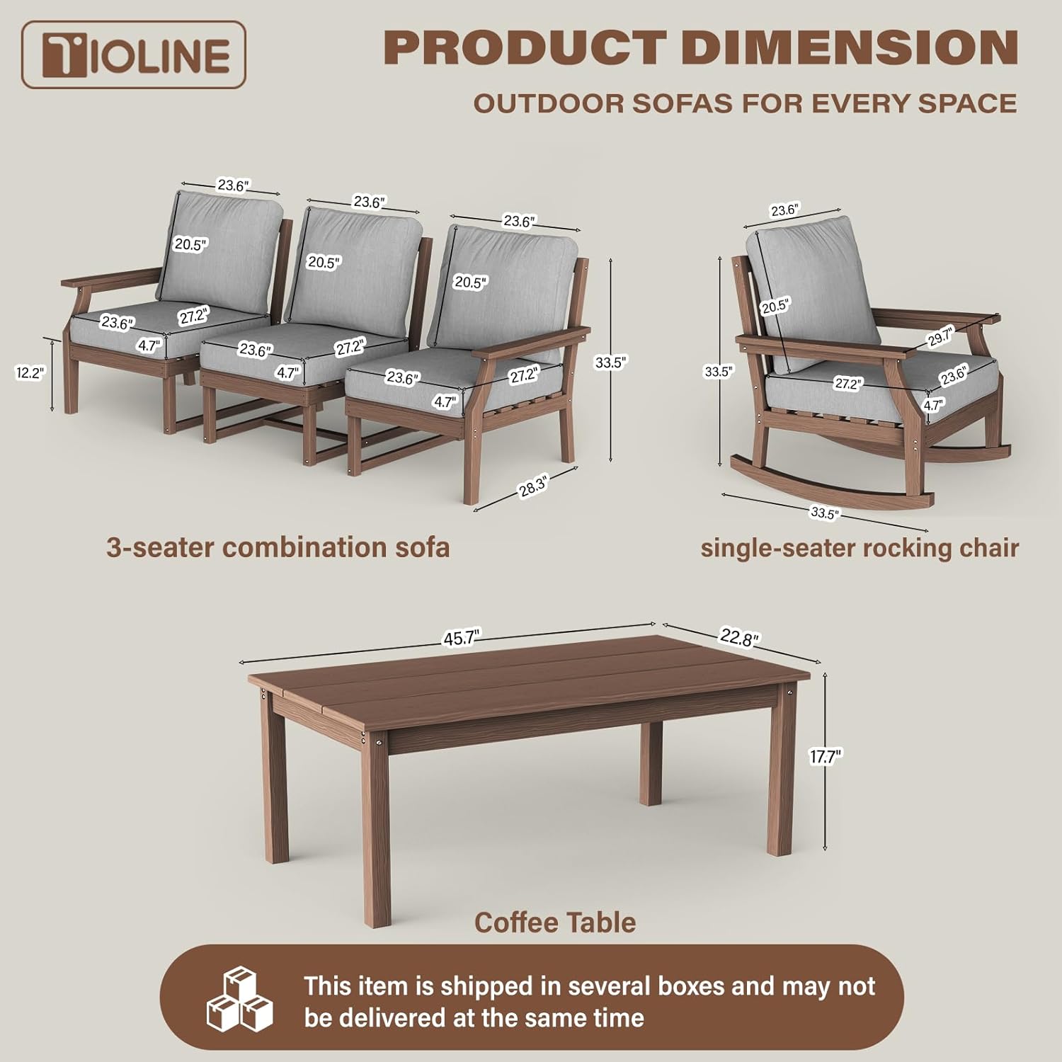 HDPE Patio Conversation Set, 6-Piece All Weather Outdoor Furniture Set with 2 Single Rocking Armchairs for Deck, Lawn, with Cushion, Brown