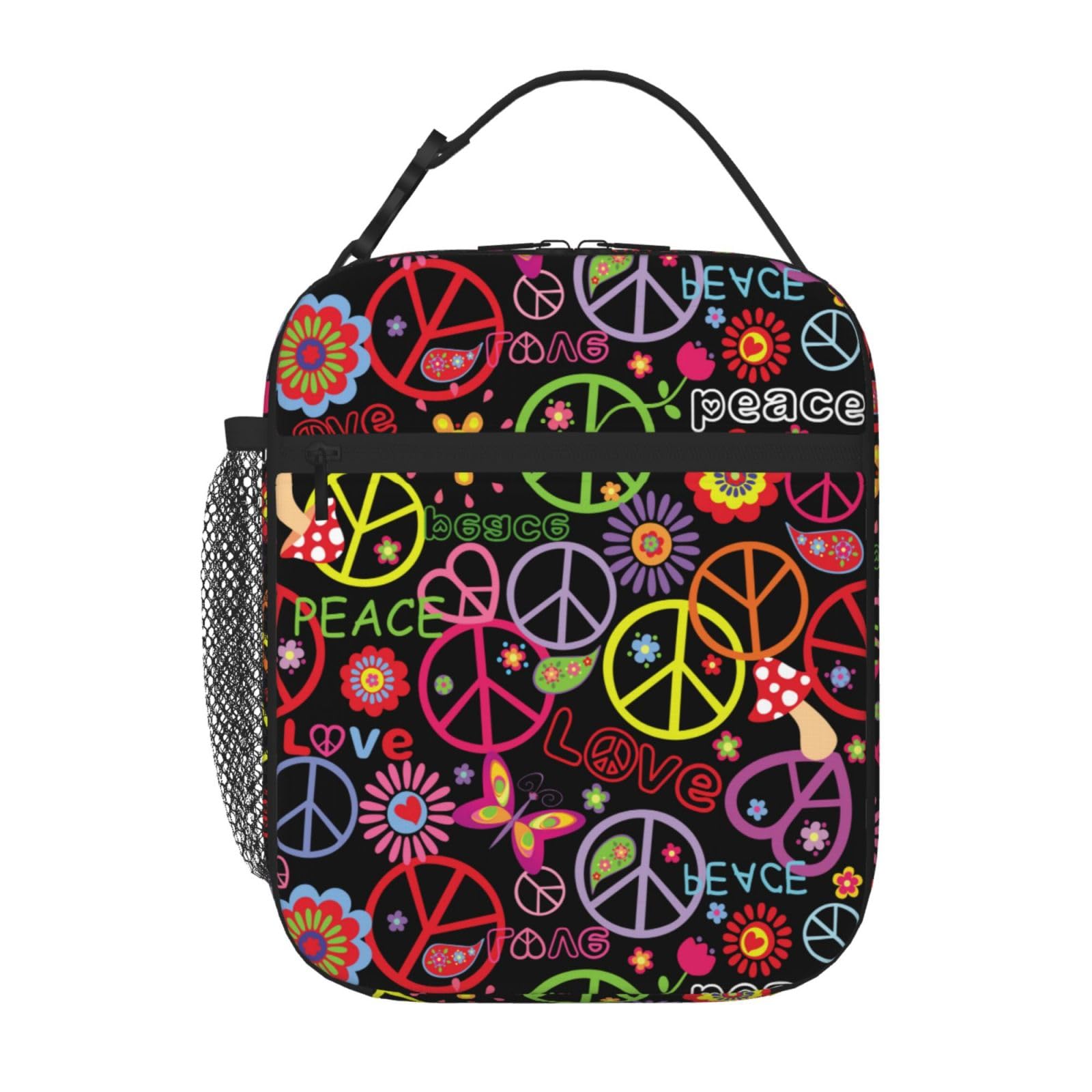 GVGOAGL Hippie Peace Sign Floral Insulated Lunch Bag Reusable Cooler Lunch Box Portable Leakproof Thermal Container Tote Bags for Girls Boys School Travel