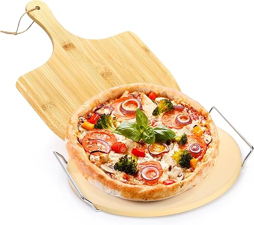 ZENFUN Piedra redonda para pizza con cáscara de madera y estante de transporte de metal, piedra de pizza de 12 pulgadas para cocinar al horno,
