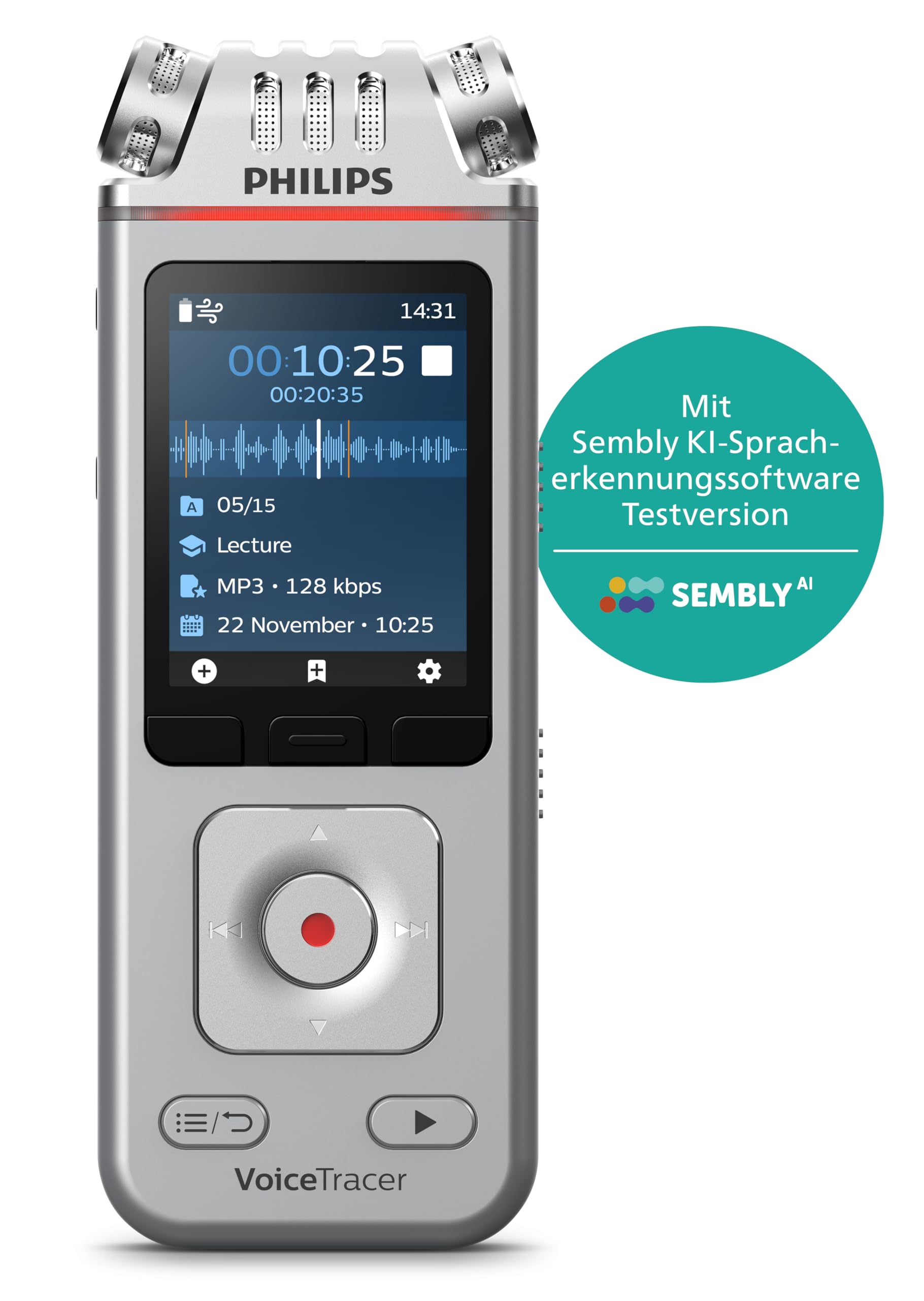 Philips DVT4115 VoiceTracer, Audio Recorder, MP3/PCM, 3 HiFi-Mikrofone, exzellente Fernaufnahme, Inkl. Sembly AI-Testlizenz: Transkription & KI-Zusammenfassungen