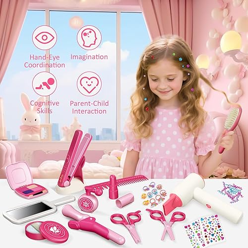 Miniatura 4 de RedCrab Juguetes de peluquería para niñas, 45 piezas de peluquería con secador de pelo, peine, joyas brillantes para el cabello, juego de peinado de
