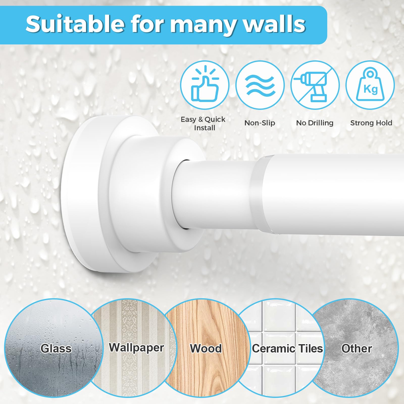 Shower Curtain Pole Extendable Curtain Poles 79-195 Cm Tension Rods For Curtains Extendable No Drill Shower Curtain Rail Non-Slip White Shower Pole for Bathroom Kitchen Bedroom - Image 3