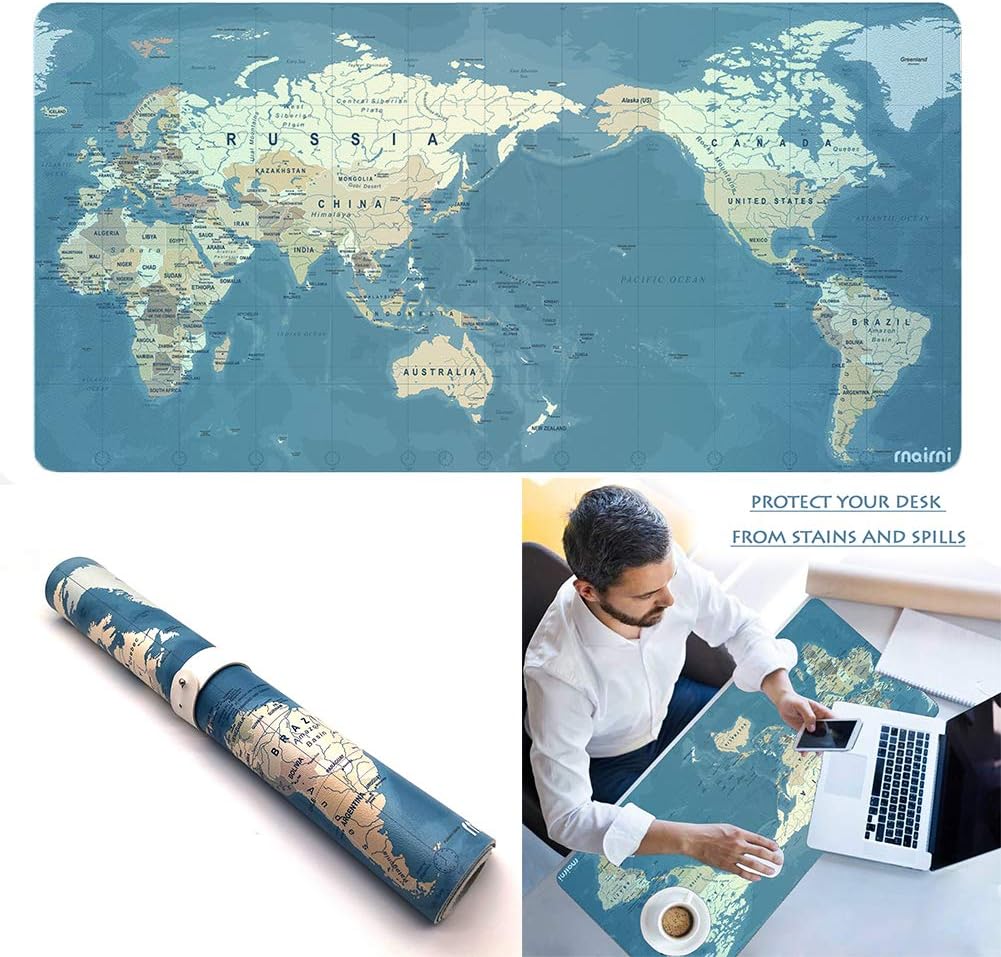 Extended PU Leather Mouse Pad Mat Large Office Gaming Table Desk Mousepad for PC Computer MacBook iMac Keyboard Phone Waterproof Washable Anti-Slip Ultra Thin 2mm - 31.4'' x 15.7'' (World Map)