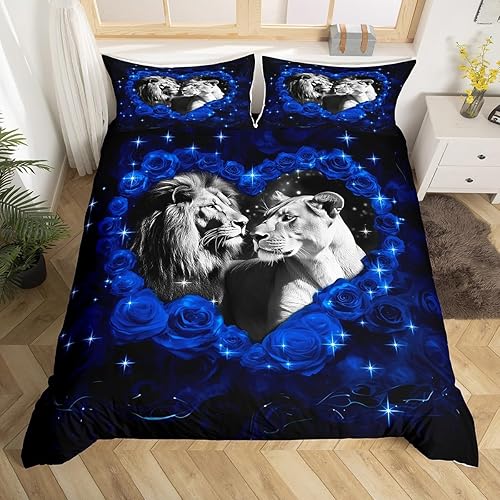 Miniatura 1 de Manfei Juego de funda de edredón de león en 3D, tamaño individual, funda de edredón de flores de rosa azul con 1 funda de almohada, juego de ropa de