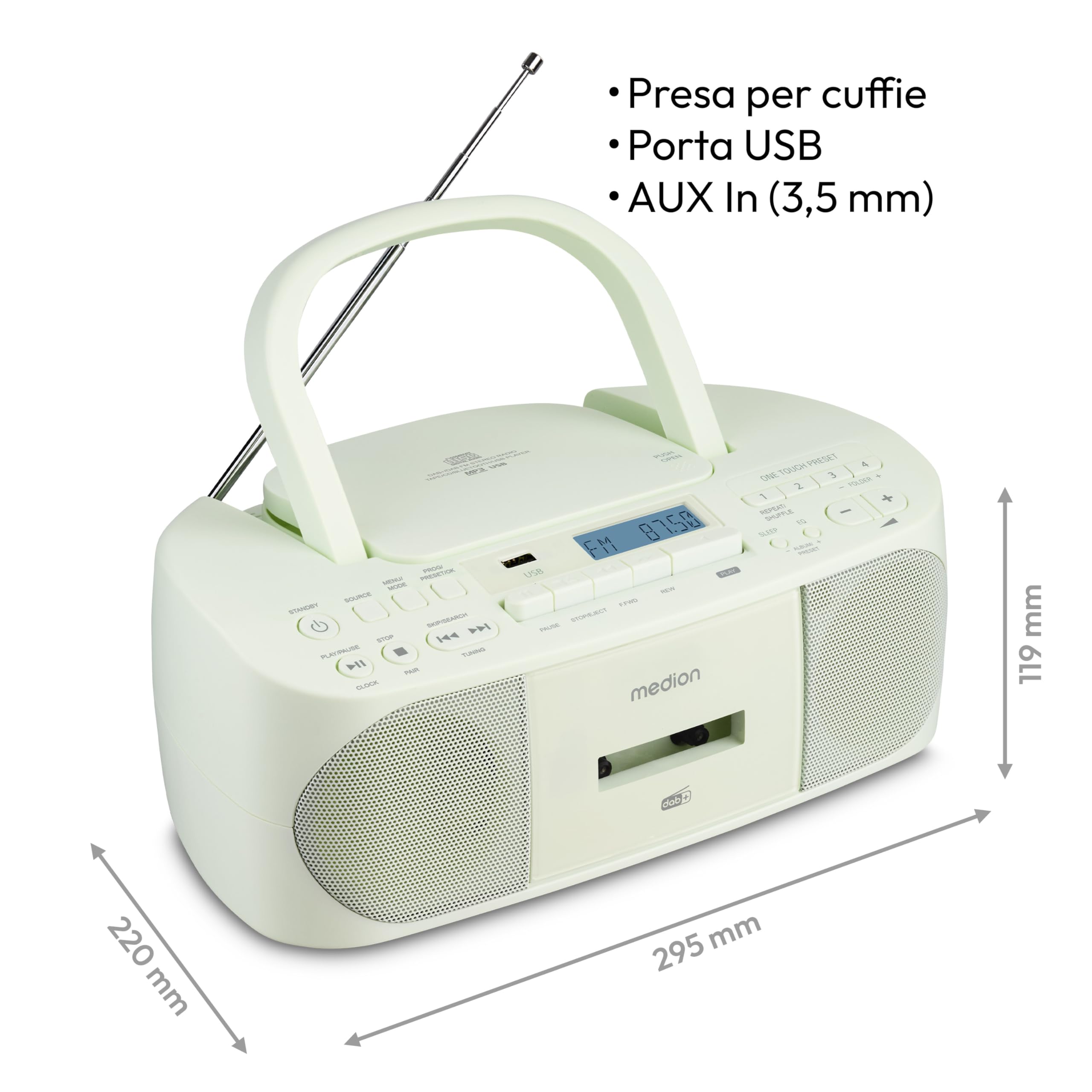 MEDION DRX-1 Plus Boombox (radio portatile DAB+ e FM, Bluetooth, lettore CD, MP3, cassetta, uscita cuffie, stereo, AUX, alimentazione rete & batteria) verde