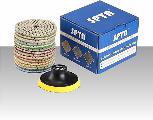 Miniatura 9 de SPTA Juego de 15 almohadillas de pulido húmedo de diamante, 4 pulgadas, blanco, 50 # -6000 #, para granito, hormigón, mármol, piedra, azulejos, con