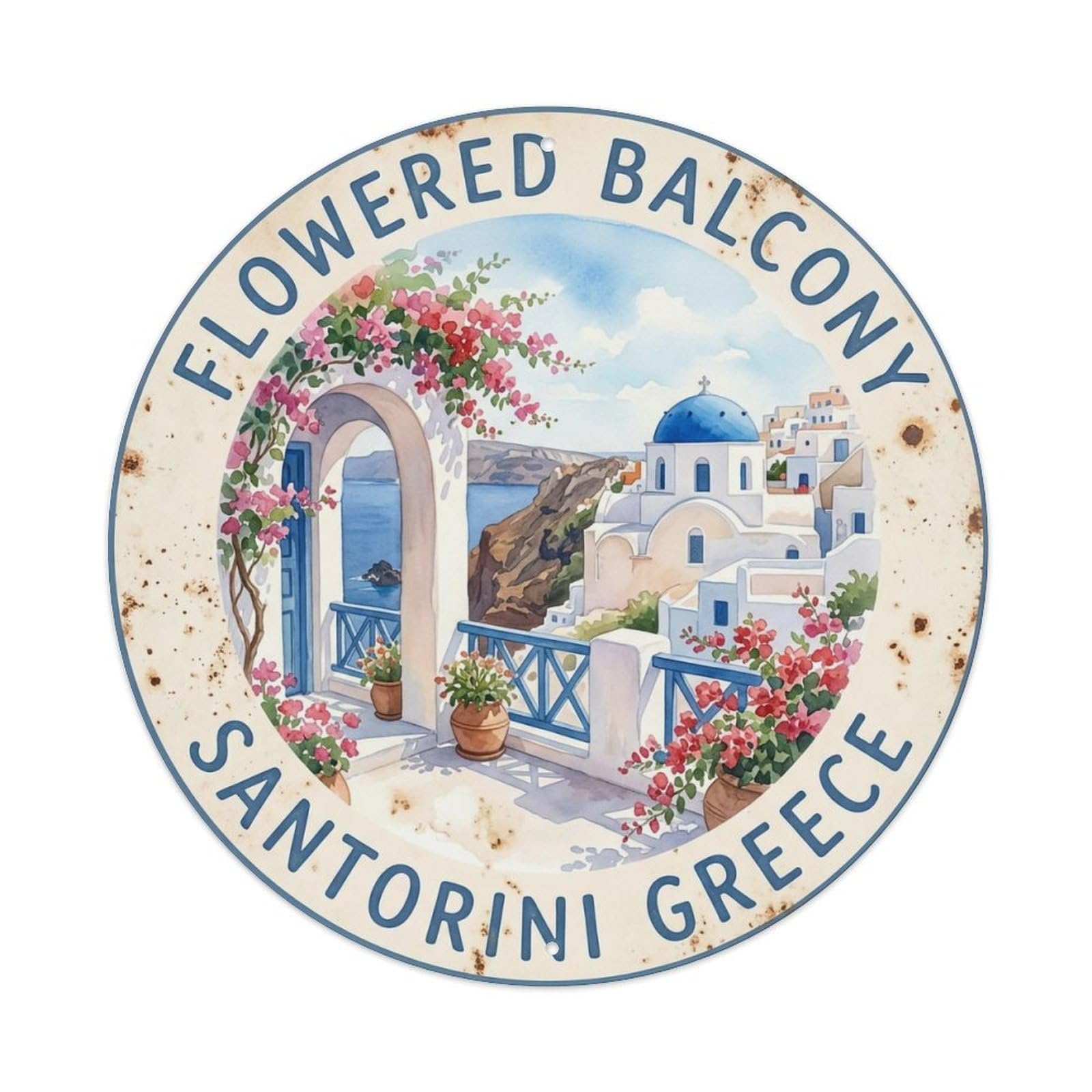 Vintage Travel Balcony Santorini Flowered 2 Metal Tin Sign