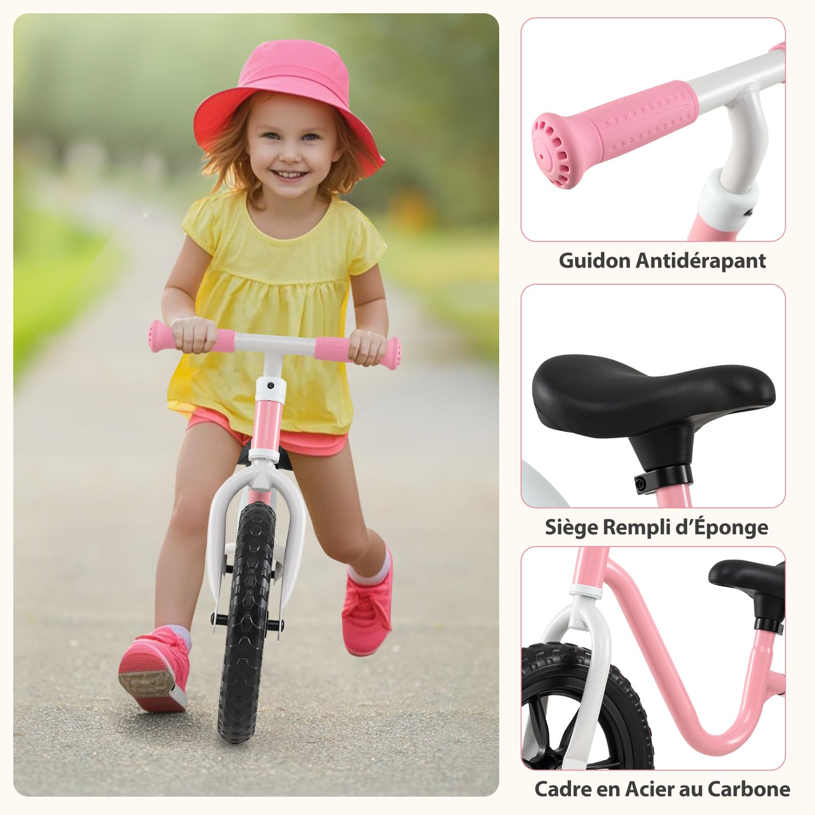 COSTWAY Draisienne Bébé Légère avec Guidon et Siège Réglables(37,5-42cm), Vélo Enfant sans Pédales avec 2 Roues en EVA, Charge 25kg, Vélo d'Équilibre pour 3 Ans+, Rose