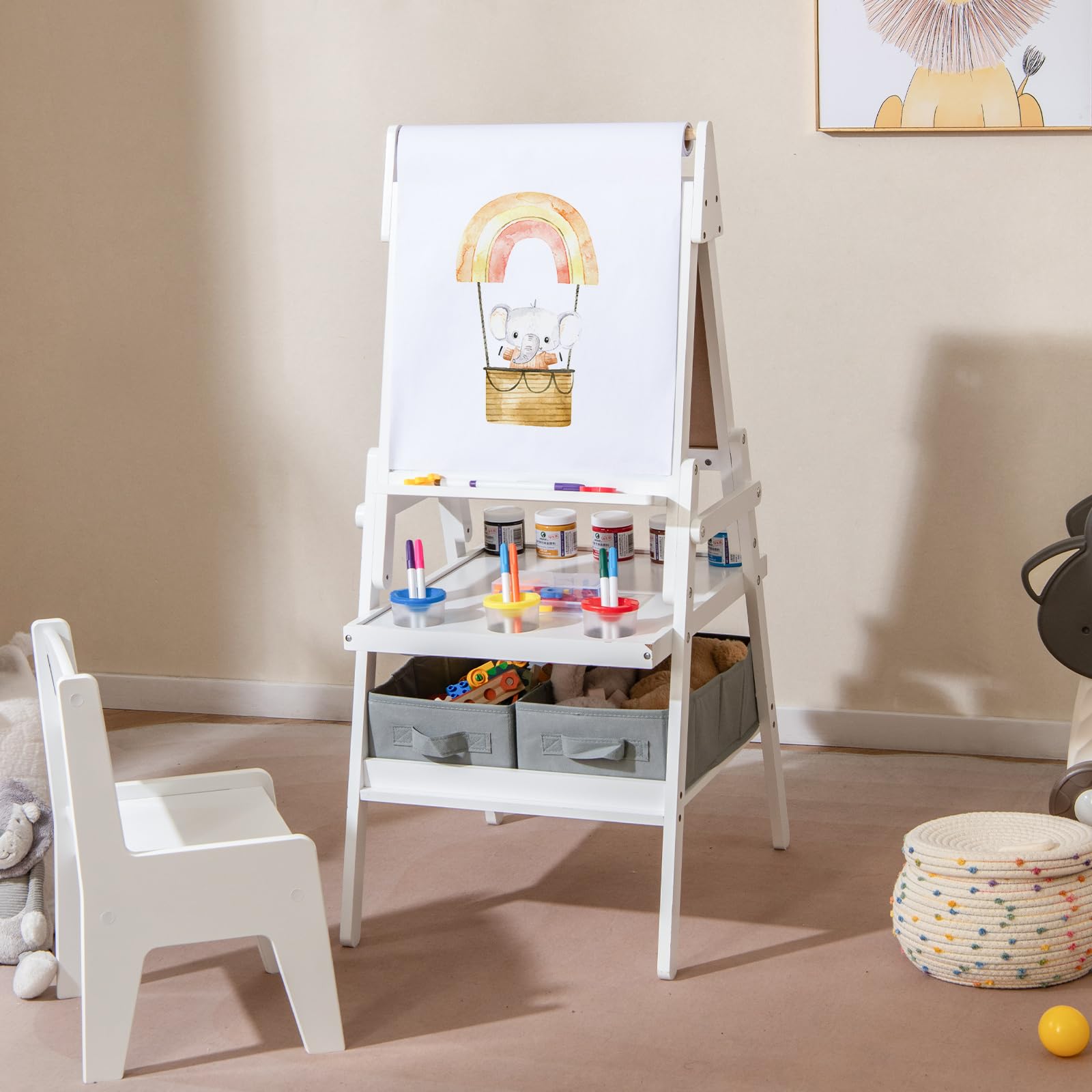 COSTWAY 3-in-1 Tafel Kinder, doppelseitige Kindertafel mit Papierrolle & magnetischer Kreidetafel & Whiteboard, inkl. 3 Farbbechern & 2 Boxen, Staffelei für Kinder ab 3 Jahren (Weiß)