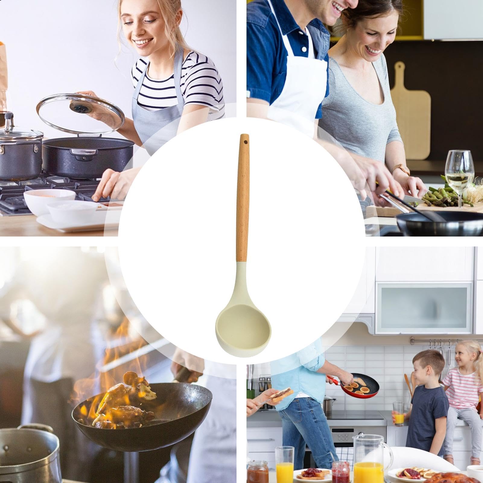 Set Utensili Da Cucina In Silicone Con Manico In Legno - Mestolo, Spatola E Cucchiaio Forato, Antigraffio E Termoresistenti 220°C - 4