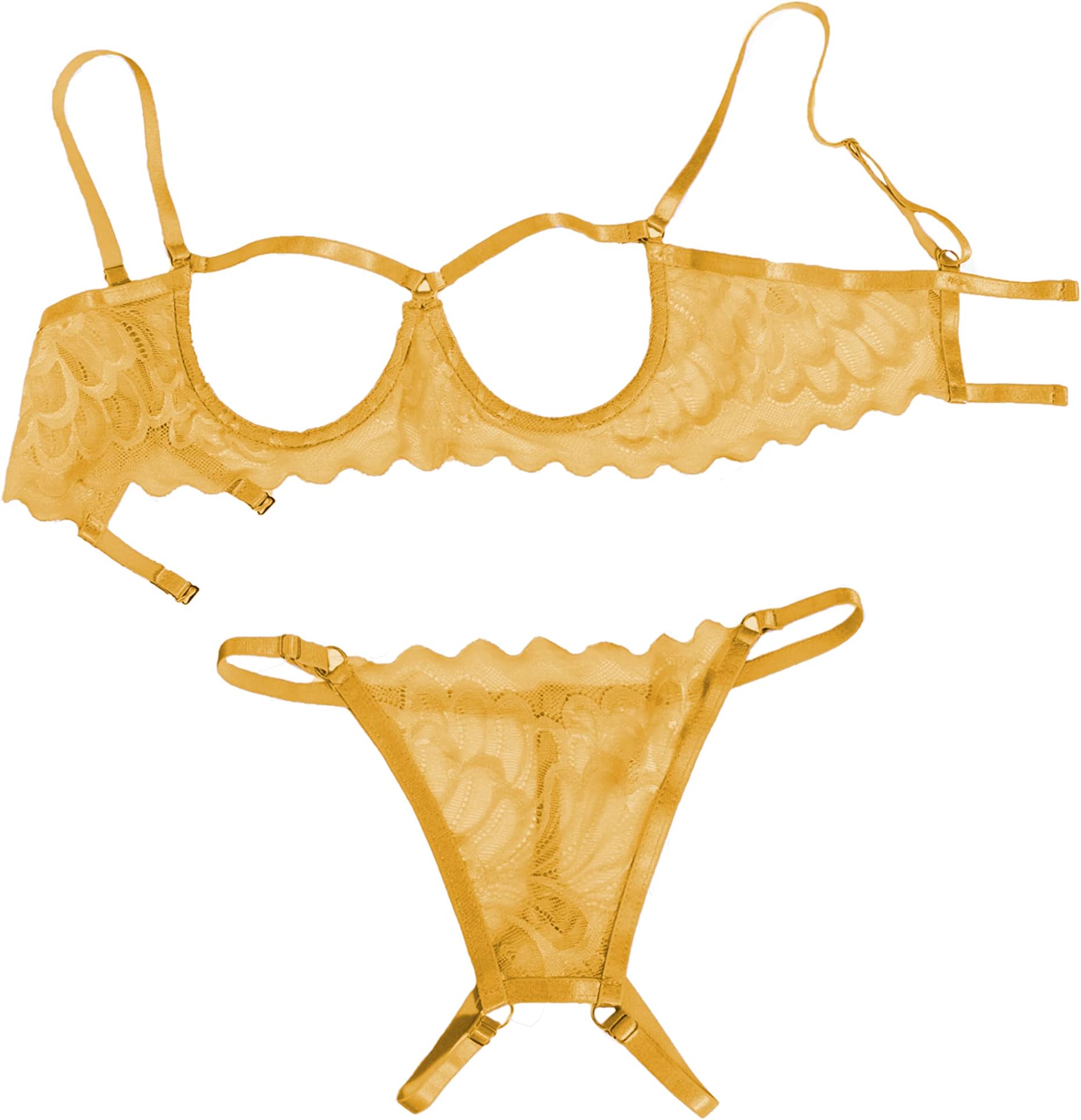 Lilosy Women's Sexy Underwire Floral Lace Sheer Lingerie Set See Through Bra and Panty 2 Piece Mustard Yellow Small