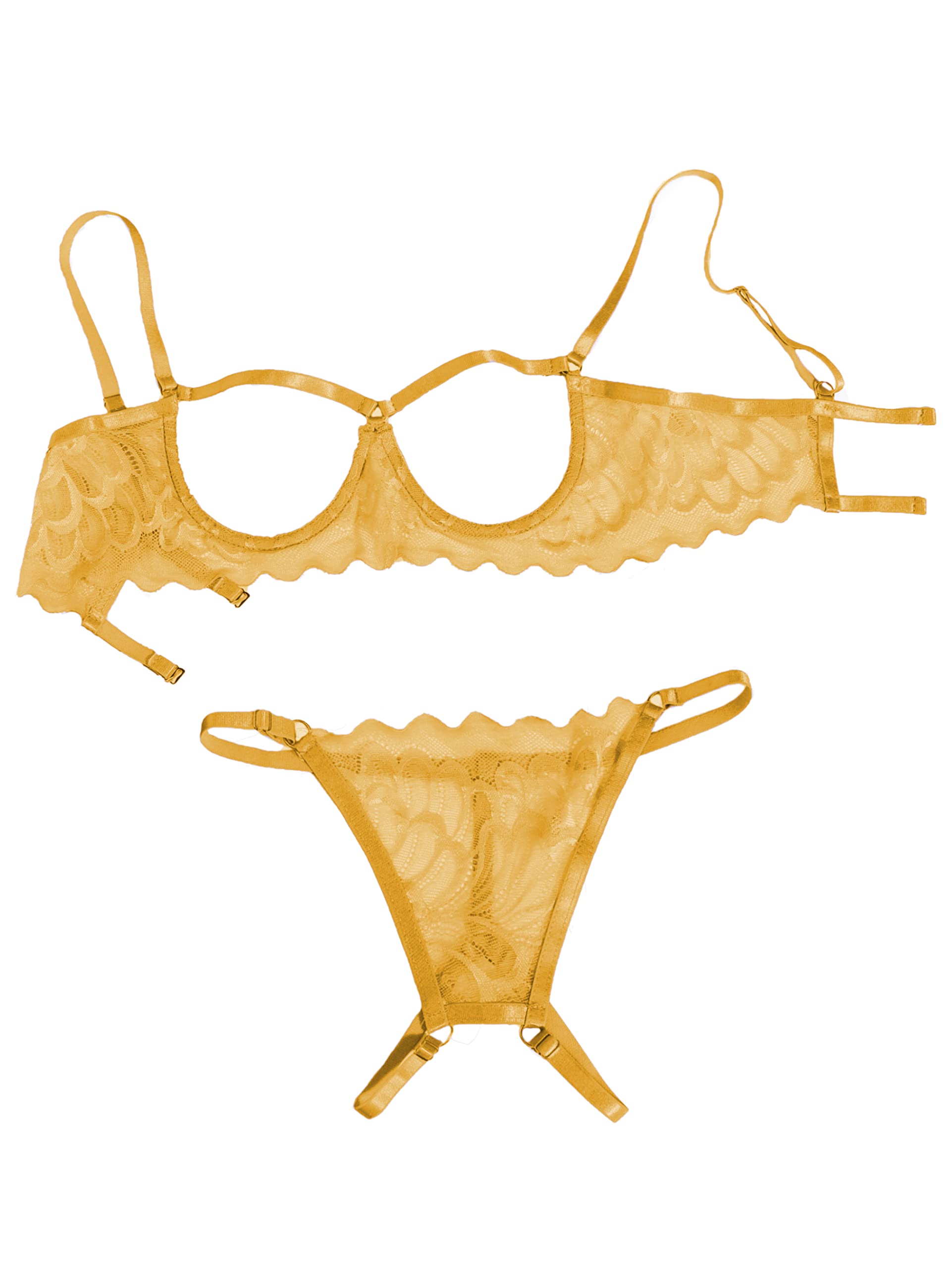 Lilosy Women's Sexy Underwire Floral Lace Sheer Lingerie Set See Through Bra and Panty 2 Piece Mustard Yellow Small
