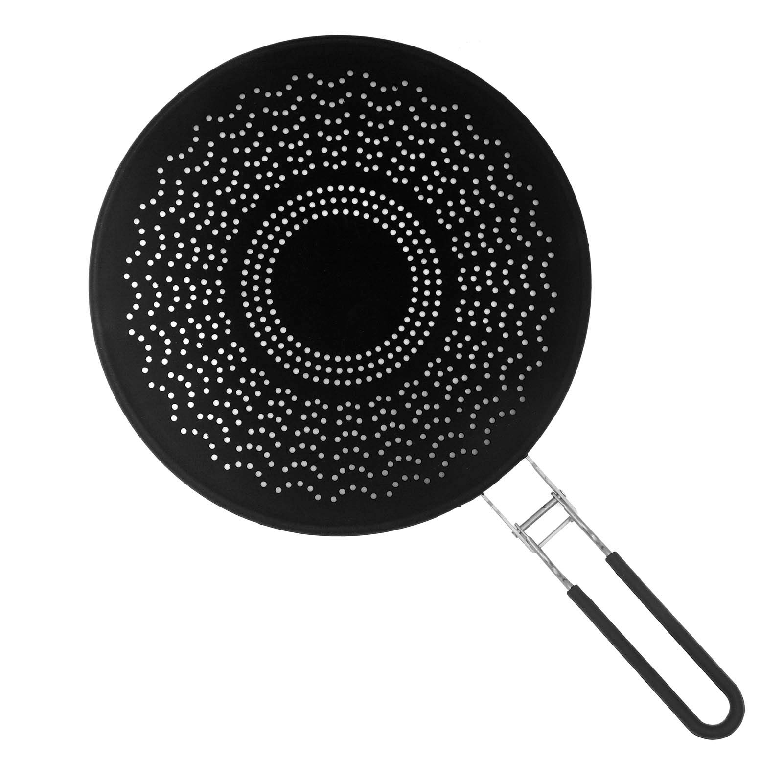 Splatter Screens Silicone Splatter Screen Pan Cover with Folding Handle,Spit Guard Frying Pan Heat Insulation Cooling Mat,Strainer, Drain Board, Oil Splash Guard for Frying Pan 11.4 Inch (Black)
