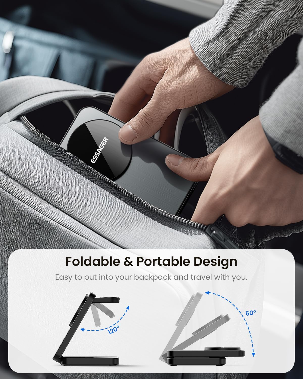 Person placing the folded ESSAGER 3-in-1 charger into a backpack