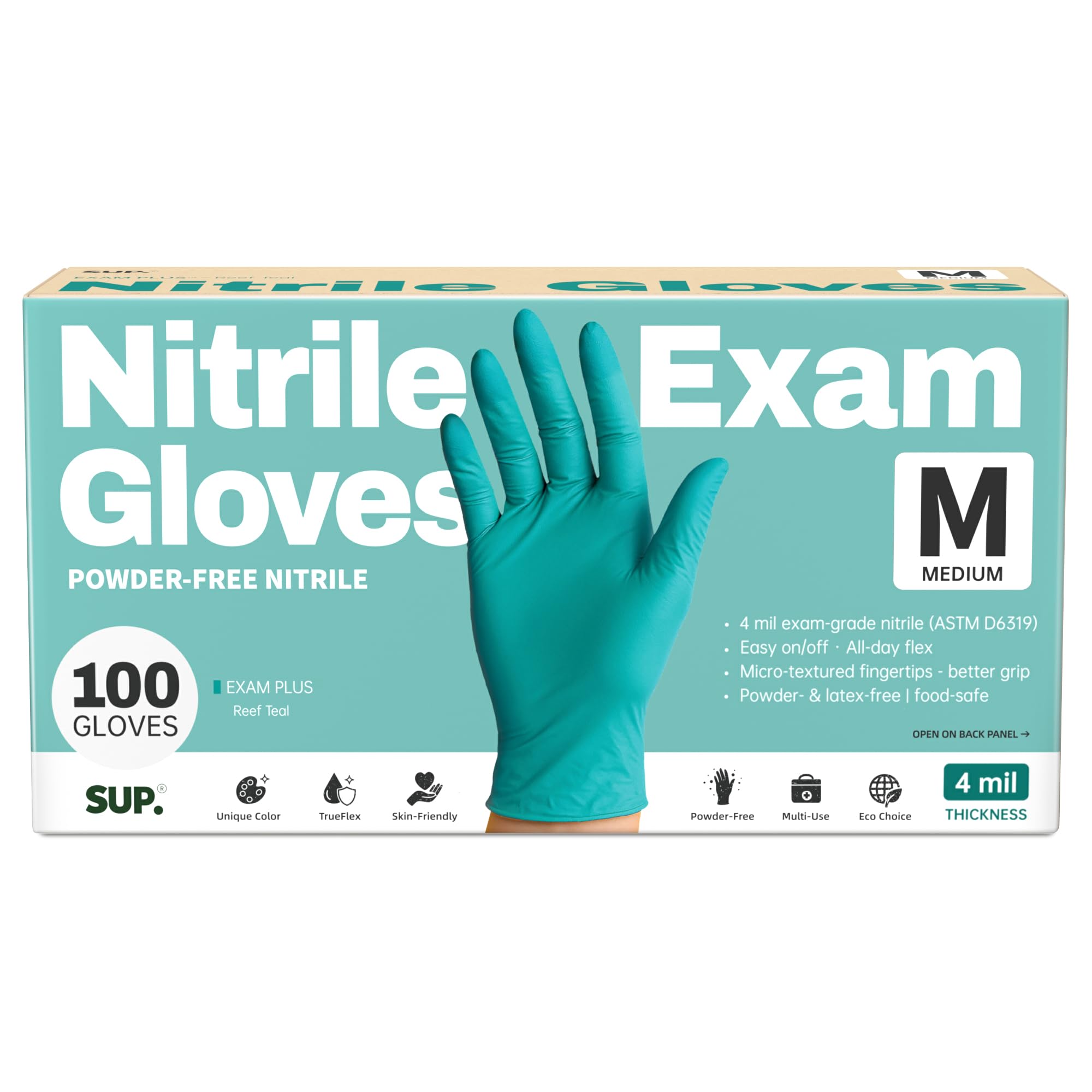 SUP Nitril-Untersuchungshandschuhe, puderfrei, latexfrei, lebensmittelecht, chemobewertet, Kochreinigung, Einweghandschuh, medizinischer Einweghandschuh, Riffblaugrün, 100 Stück (Medium)