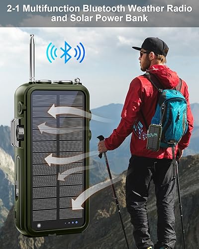 Miniatura 8 de Radio de emergencia y banco de energía solar de 22000 mAh, Radio meteorológica FM NOAA, Radio portátil con manivela Bluetooth, cargador de teléfono