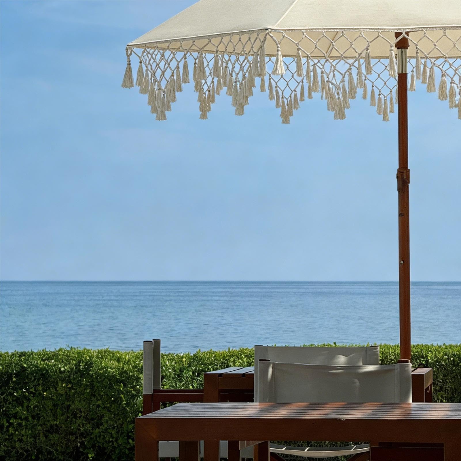 180cm Uchylny Parasol Plażowy Boho z Frędzlami, Parasol Ogrodowy z 8 żEber Ochrona Przed, na Patio, Taras, Basen