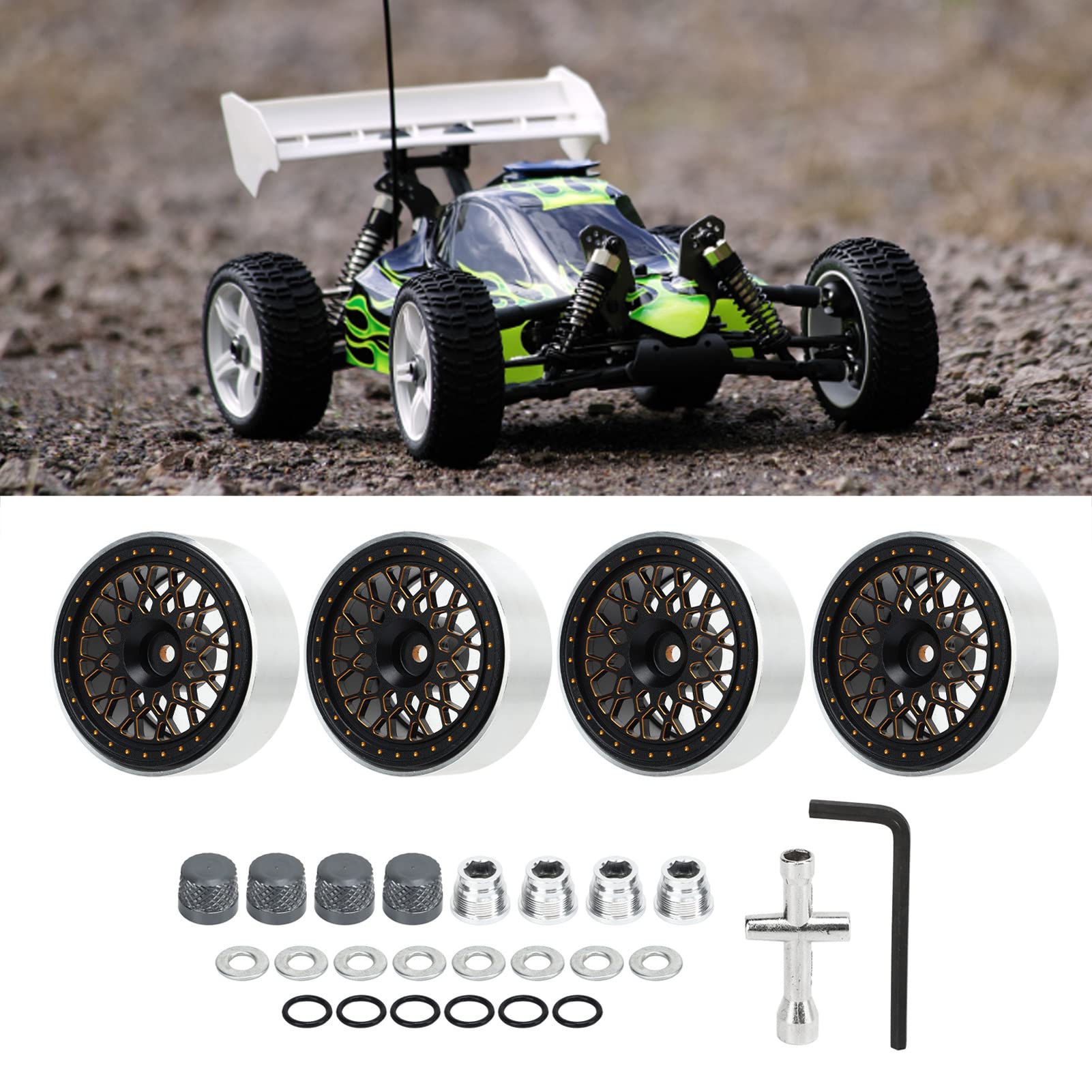 Cerchio con bloccaggio a perni RC in lega di alluminio da 1,9 pollici, ruota RC con copriruota e chiave, per auto RC 1/10; set di cerchi in metallo lavorati a CNC con