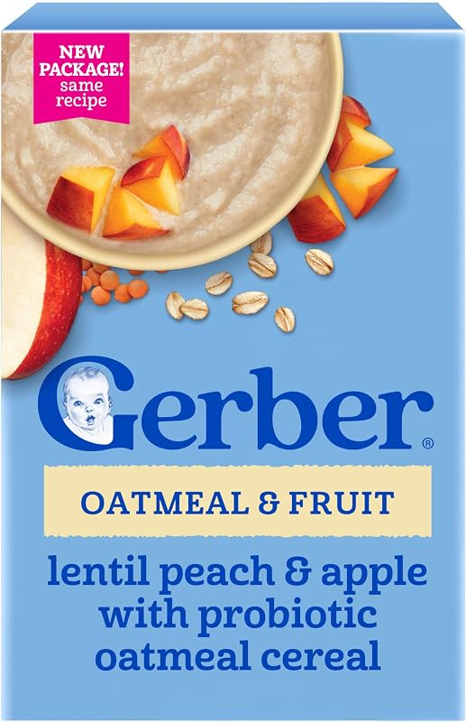 Gerber Powerblend Oatmeal Lentil Peach Apple Cereal, 8 Oz, 5 Pack | Toddler cereal; powerblend; oatmeal lentil peach apple; 5 x 8 oz canisters