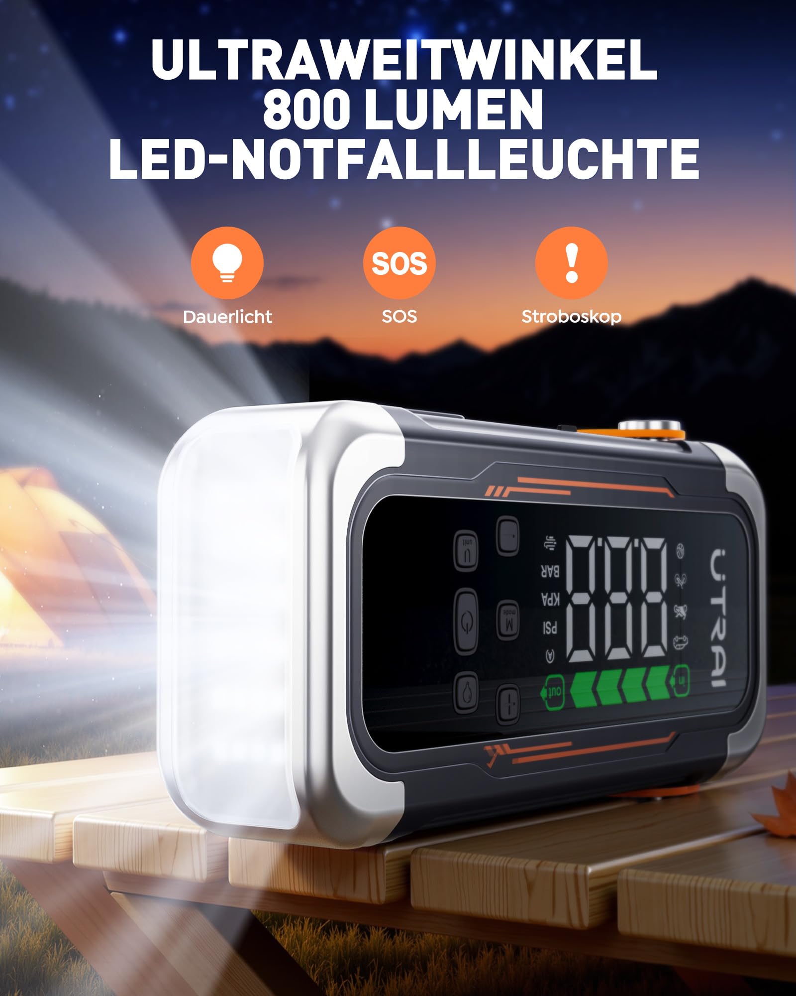 UTRAI 6000A Starthilfe Powerbank für Pkw, Alle Benzin & Gas 10L Diesel | 150PSI Kompressor, Gebläsefunktion, PD 30W Ausgang, 10-Faches Sicherheitssystem, 800 Lumen Notfallleuchte