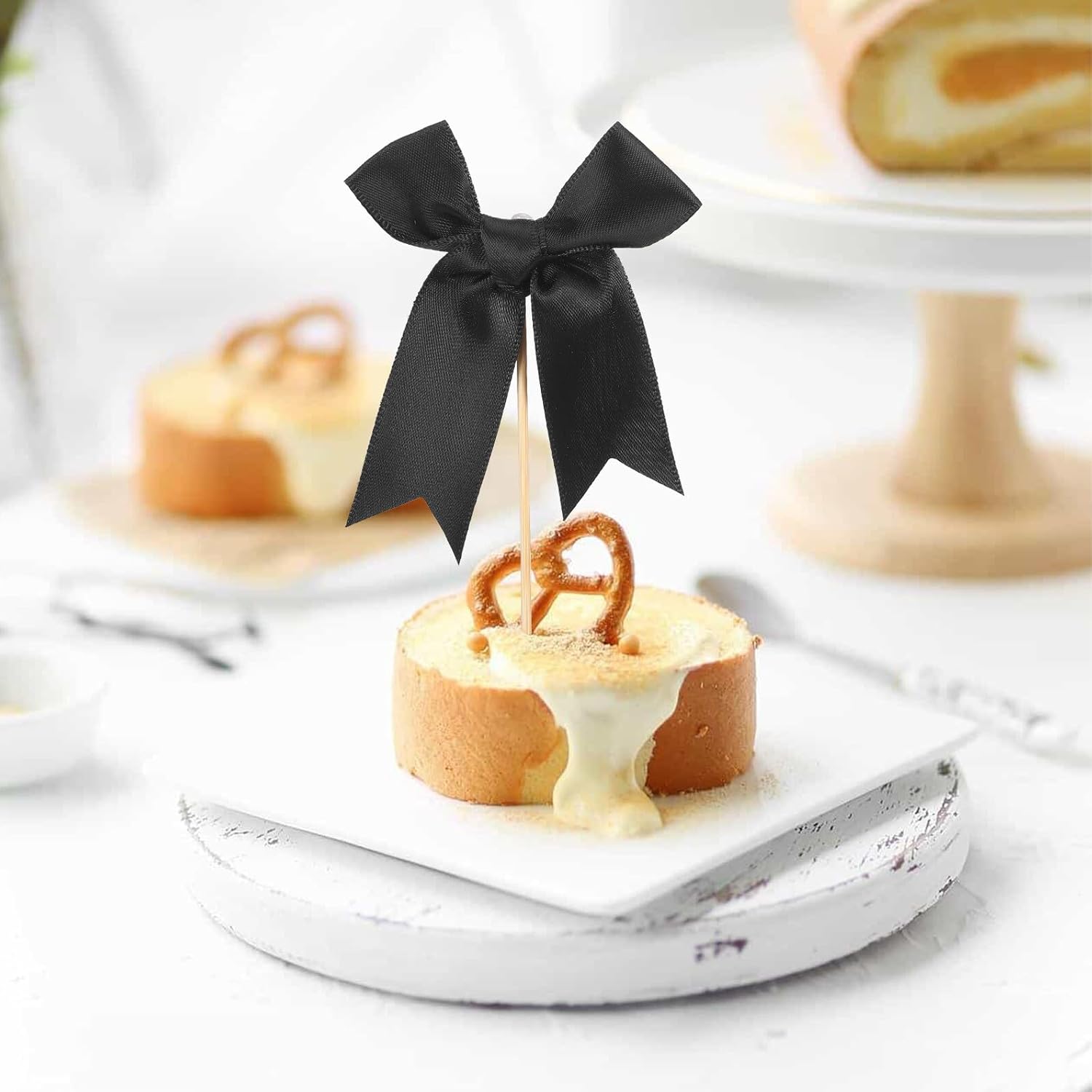 20pcs Black Bowknot Cake Decorations Polyester Birthday Cake Toppers Party Cupcake Picks Non-edible Dessert Insert for Celebration Supplies