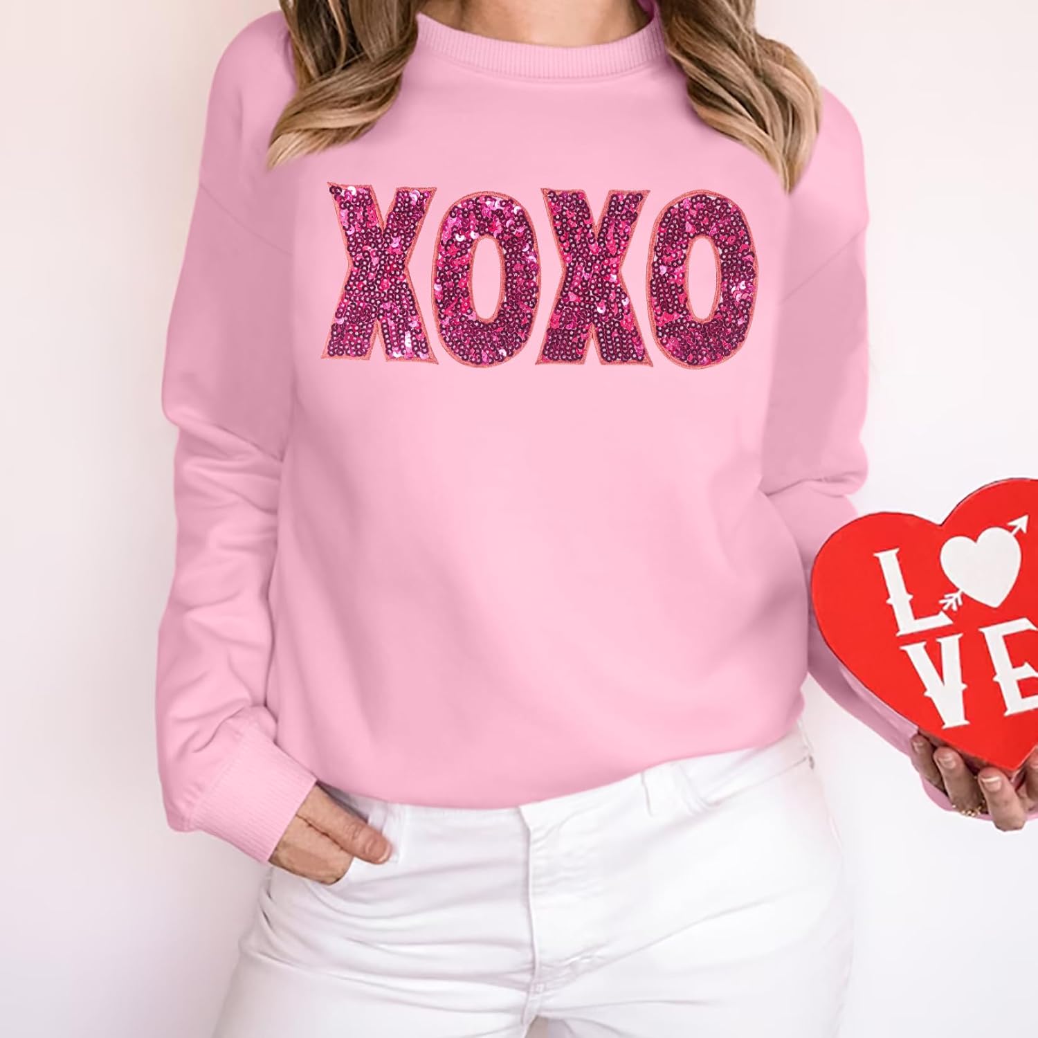 VVNTY Women Valentines Sweatshirt: Sparkly Letter Print Long Sleeve Pullover Tops - Image 2