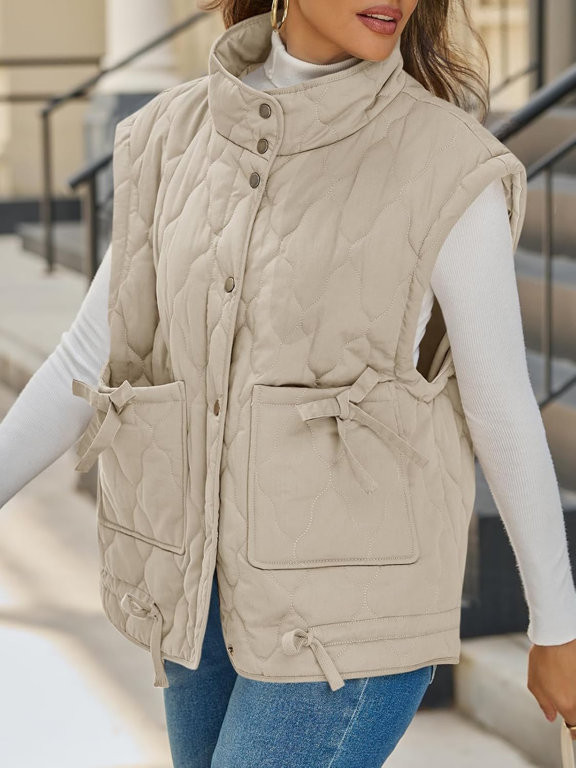 Cicy Bell Womens Puffer Quilted Vest Lightweight Stand Collar Cap Sleeve Jackets Button Down Padded Gilet Winter Outerwear - Image 2